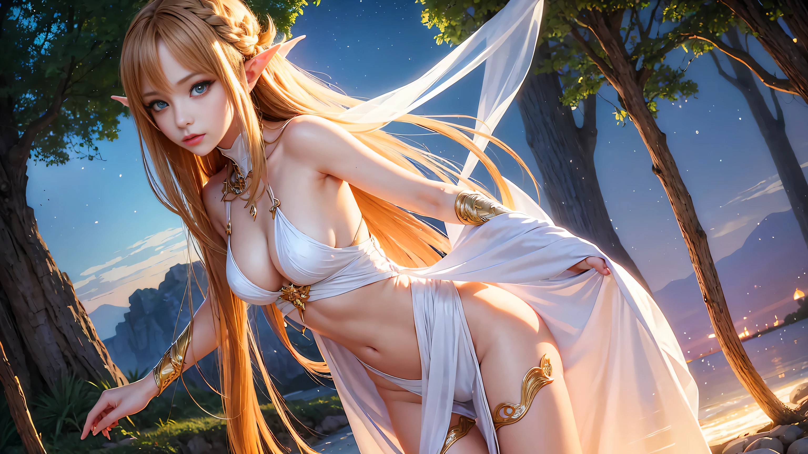 A graceful elf girl stands in a meadow, her delicate features illuminated by the soft light of the setting sun. Her long, flowing hair cascades down her back, adorned with intricate braids and adorned with sparkling jewels. This stunning painting captures the ethereal beauty of elves. Her slender figure in a silk dress sways in the soft meadow breeze. The artist's attention to detail is evident in the intricate patterns of her dress and the subtle highlights of her luminescence. skin. This breathtaking depiction of an elf girl exudes a sense of enchantment and transports the viewer to a magical world. The beautiful elf magician is awe-inspiring as she holds a magician's staff, uses fireball magic, and is about to defeat the Demon King with explosion magic., If you pull up your skirt, you can see your see-through panties and it will be embarrassing., (A superb exquisite Asuna Yuuki),(Asuna Yuuki:1.5), long hair, brown hair, streaked hair, brown eyes, star-shaped pupils, straight bangs, solo, nature, extremely delicate, straight facial features, peerless beautiful girl, soft, (sensual face), ((ecchi face)), dreamy quality, exaggerated facial features, solid color, frank holly, delicate face, bright lips, slender waist, soft curves, real light and shadow, super fine, 4k, natural moving, Ultra high resolution, (masterpiece:1.2, best quality), (finely detailed beautiful eyes: 1.2), (beautiful detailed face), detailed anime artwork, clean detailed anime art, detailed digital anime art, detailed anime art, beautiful anime portrait, beautiful anime girl, beautiful anime artwork, beautiful anime art, beautiful anime style, detailed portrait of anime girl, anime girl, beautiful anime, anime illustration,Medium chest, slender body,unparalleled beauty sexy and very beautiful face、Super long silky shiny blonde hair、long swaying bangs、Sexy 、beautiful cute pearl eyes beautiful girl、Silky skin、Very big blue eyes,