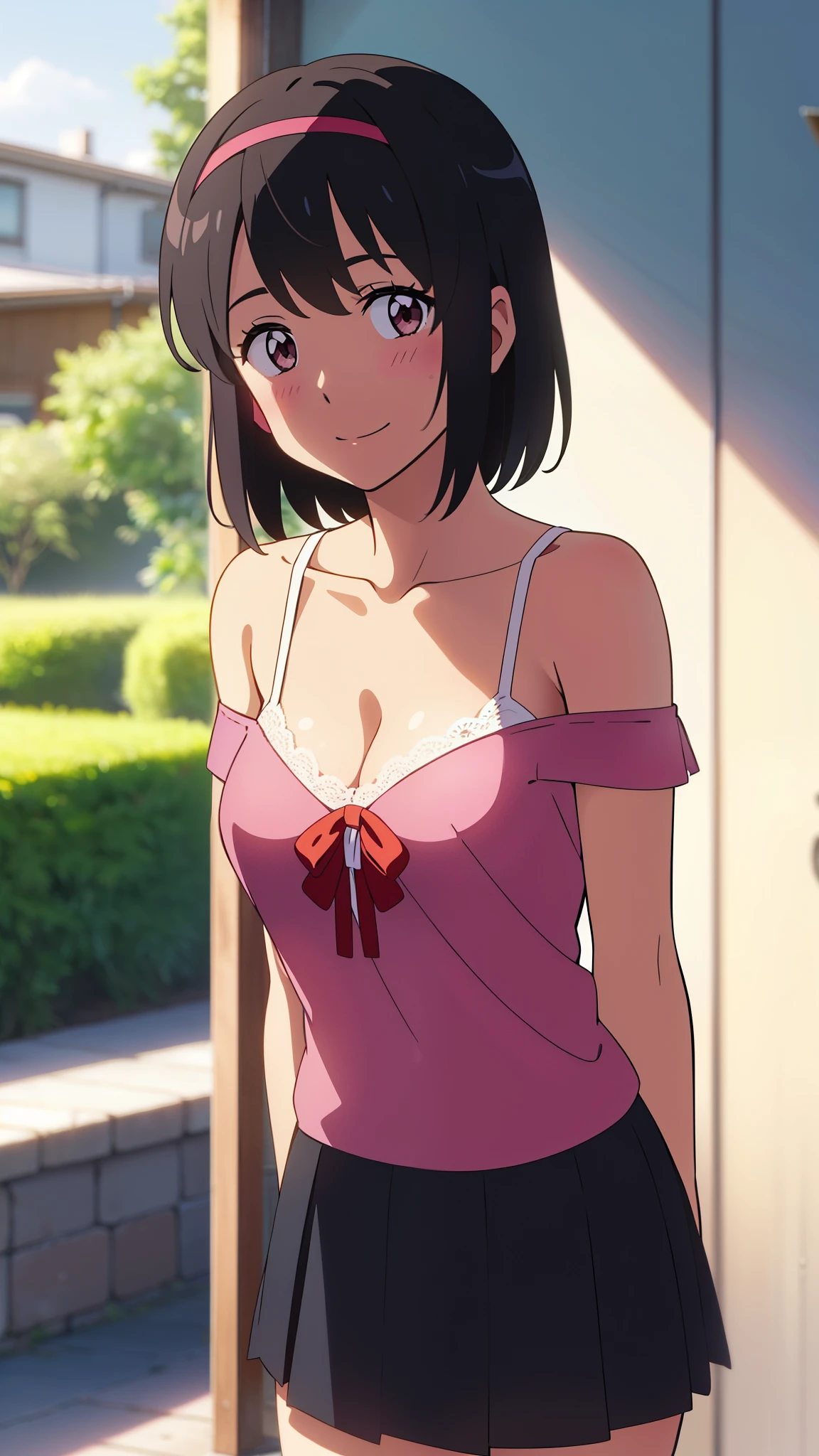 1girl, bangs, black hair, blush, bright eyes, brown eyes, red headband, red bow, red ribbon, short hair, smile, cute, beautiful, shiny skin, looking at the viewer, solo, pink shirt, collarbone, Off-the-shoulder, bra strap, long skirt, a belt, short sleeves, breastsout, cowboy shot, standing, outside of house