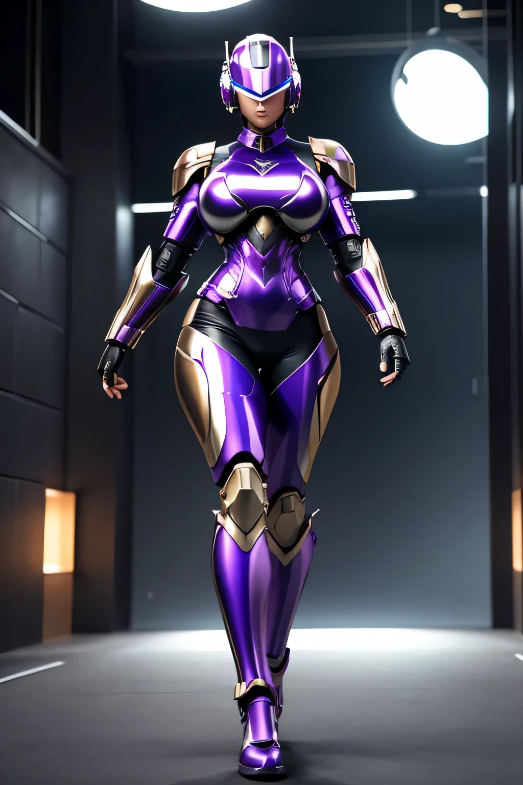 female robocop solo、Armor that completely covers the whole body、very large armor、helmet with straight, narrow goggles to hide your eyes、metallic purple armor、Armor that completely covers the chest、thin and long legs、Vibrant Posel Body View,luscious lips,(big and full breasts:1.3), (sports body:1.5)、five fingers