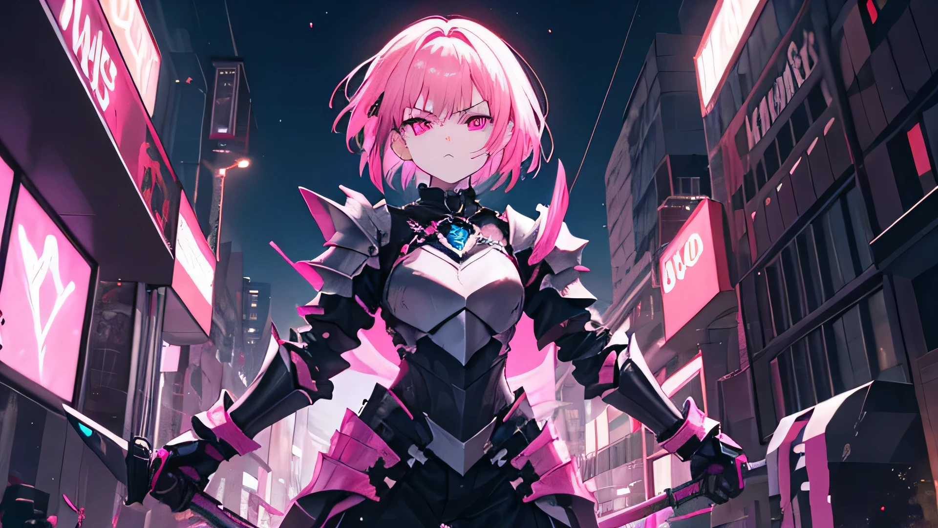chica guerrera, pelo corto rosa, ojos rosados, cara enojada, Armadura negra completa, arco negro, gema rosa en el centro de la armadura, in a neon city, armadura en pantalones, por la noche, Full HD