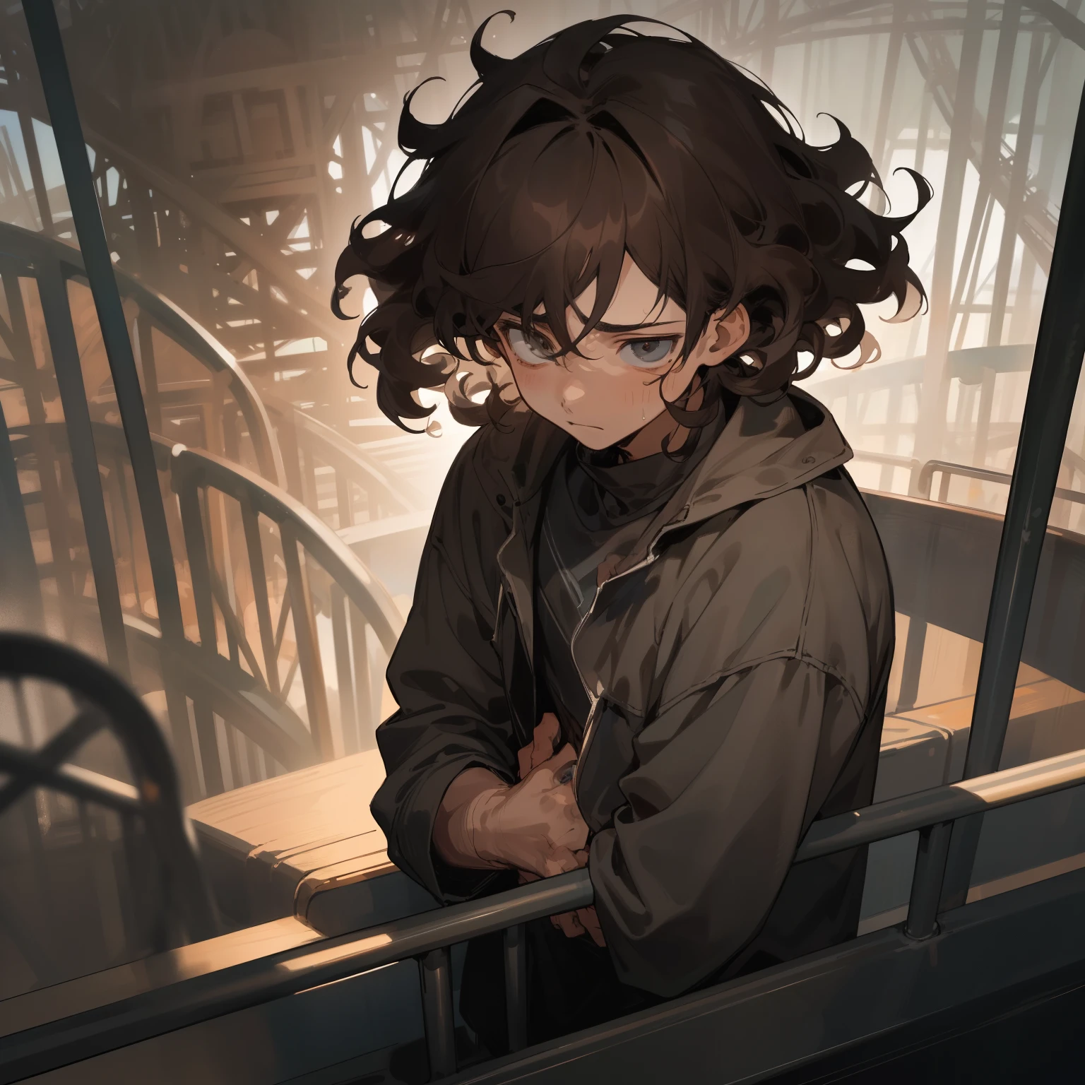 A dark boy with curly brown hair, sadness etched on his features as he reluctantly rides a roller coaster. The roller coaster looms in the background, its colors muted and subdued, mirroring the boy's emotions. His hair, though still brown, is a little shorter than the girl's, falling in loose ringlets around his face. Despite his reluctance, his hands cling tightly to the safety bar as the ride dips and turns, the sadness in his eyes never wavering. The boy's expression is one of melancholy, not rage, and the atmosphere around him is quiet and introspective.