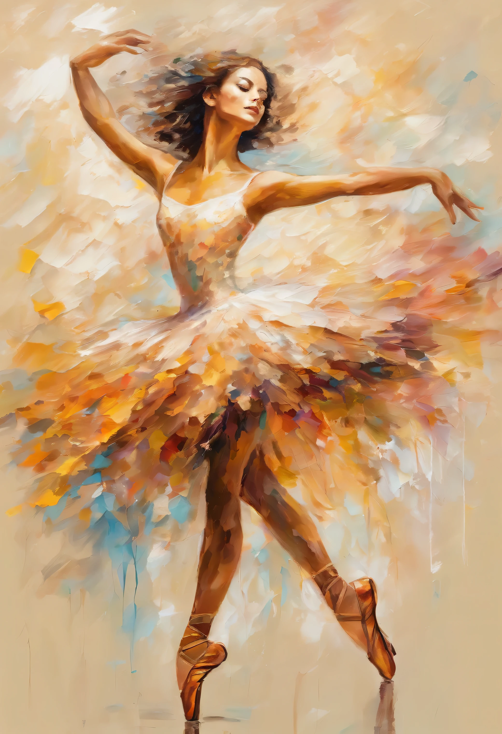 Ballet dancer, graceful posture, perfect body, impressionism, beige background, impasto style brushstrokes, splatter art, cracked paint