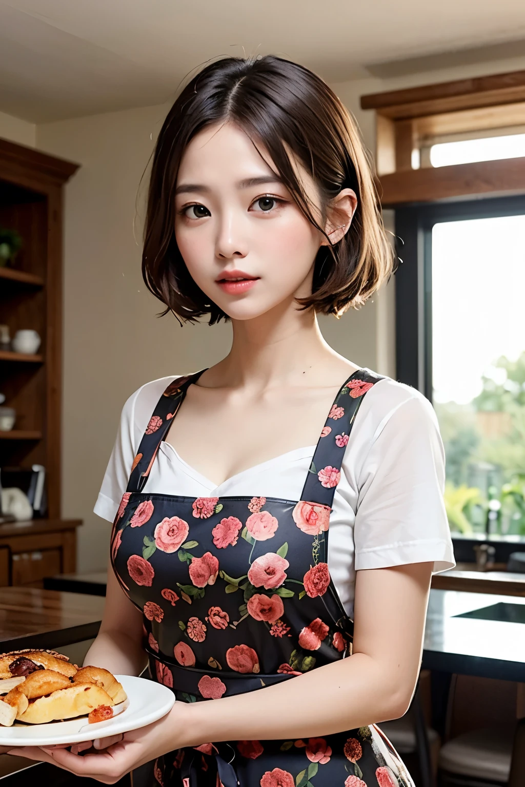 ((highest quality)), ((masterpiece)), (be familiar with), perfect face, double eyelid, (serious expression, Big eyes), short hair, (brown hair, shiny hair quality), wearing a floral apron, Moderate chest, Holding your hands in front of your chest, home living room, Food is lined up on the dining table, sitting, window in the background