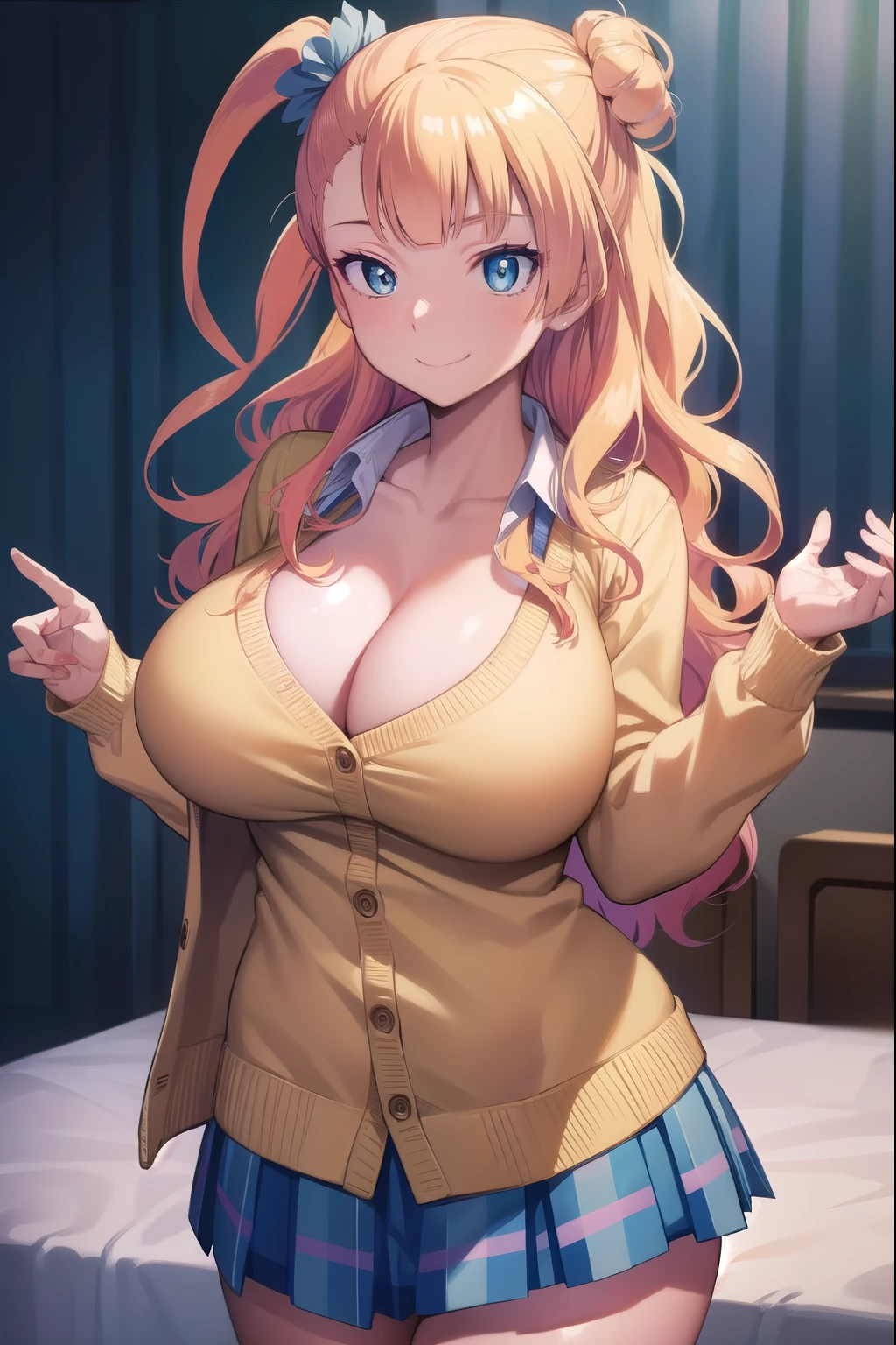 galko,, long hair, bangs, blonde hair,big breasts,lure、Excited smile, hair between the eyes, (blue eyes:1.5), long hair, colorful hair,Day, lipstick, Improve, Kogal, compensate,Emphasize cleavage、classroom、Naughty older sister、uniform、I can see the pants、skirt is short、Panty shot、break double piece (masterpiece:1.2), highest quality, High resolution, unity 8k wallpaper, (figure:0.8), (detailed and beautiful eyes:1.6), highly detailed face, perfect lighting, Very detailed CG, (perfect hands, perfect anatomy),