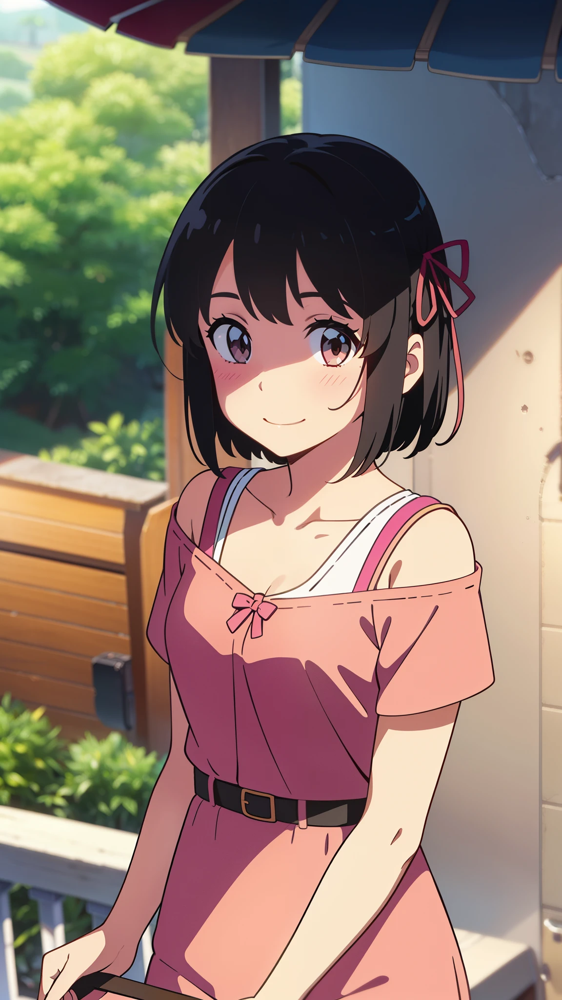 shinkai makoto, kimi no na wa., 1girl, bangs, black hair, blush, bright eyes, brown eyes, red headband, red bow, red ribbon, short hair, smile, cute, beautiful, shiny skin, looking at the viewer, solo, ​pink shirt, collarbone, Off-the-shoulder, bra strap, long skirt, a belt, short sleeves, breastsout, cowboy shot, standing, outside of house, upper body