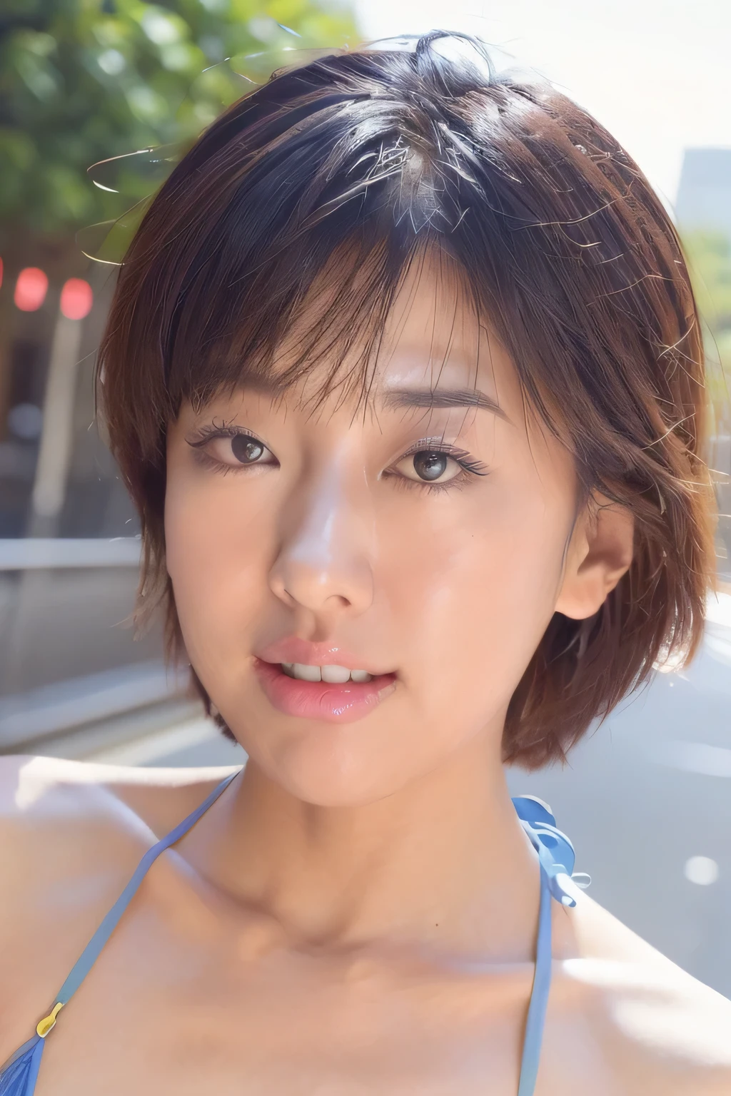 NSFW:1.5,((highest quality、8K resolution、master masterpiece、portrait:1.3)), Photoreal, 35mm film, 1 Japanese female, Upper body,Beautiful woman, on the street during the day, wrinkles around the eyes, plump body,smile,boyish_short hair、((blue micro bikini:1.3)) , (outdoors:city street 1.3), jumbled background,look at the audience,Tokyo cityscape:1.3、open your mouth