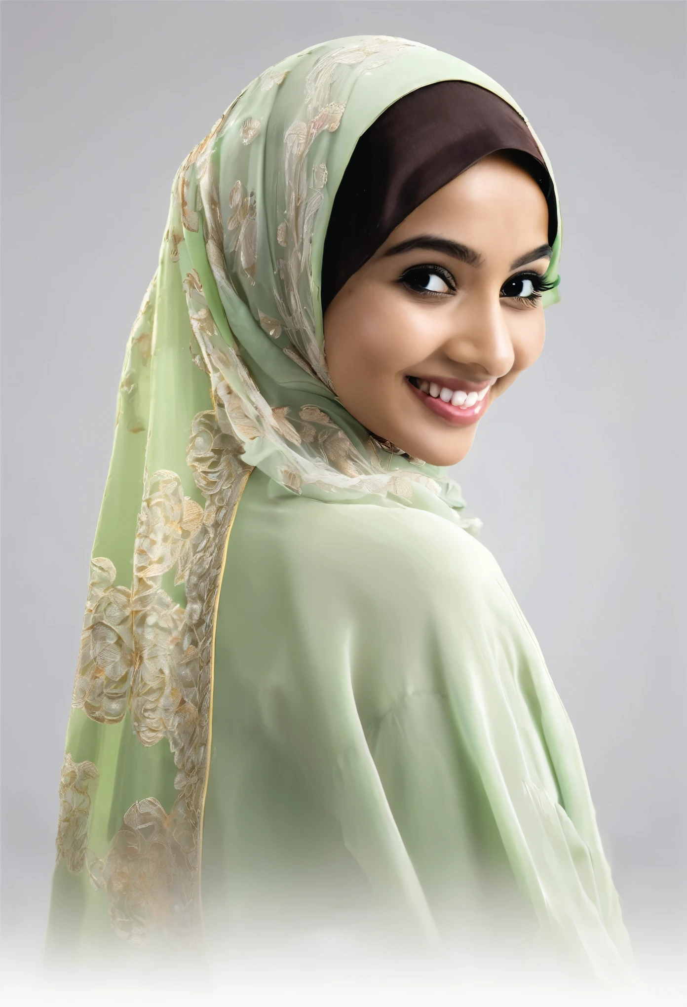 +mukena), 1 girl, 25 year, smile, using a PRAYER HIJAB frilly, white background, real_life, from_behind_view