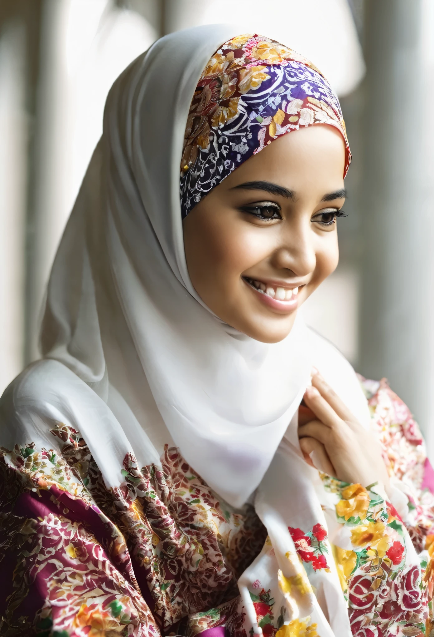 +mukena), 1 girl, 25 year, smile, using a PRAYER HIJAB frilly, white background, real_life, from_behind_view