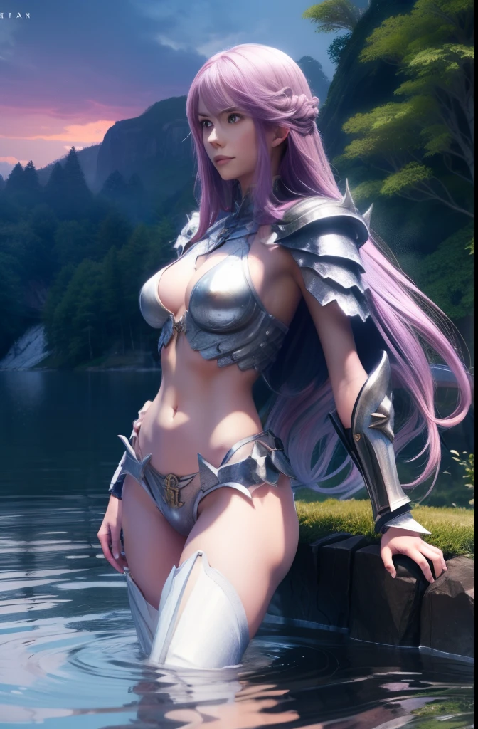 highest quality、woman with very long lilac hair、slim body shape、clear eyeedium breasts、white bikini armor（Navel exposure、sleeveless、exposed thighs、skeleton-like armor）、Standing on the lake in the moonlit forest、another world、dark fantasy