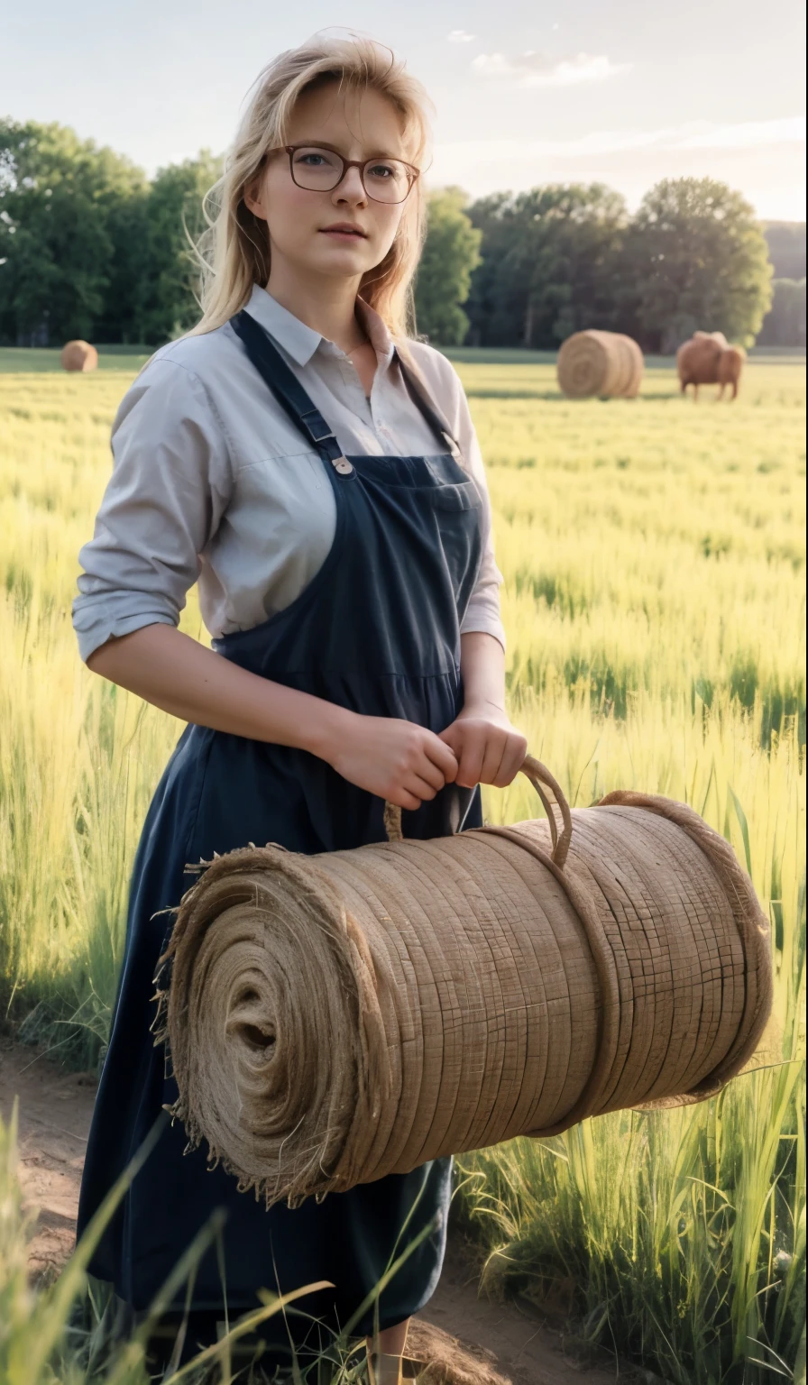 8K, Artwork, RAW Photo, Best Quality, Details: 1.2), Photorealistic, Cg Unity 8K Wallpaper Extremely Detailed, Depth of FieldPhoto of a midwestern farm girl BREAK standing next to bales of hay # photo taken camera Mamiya Rz67 # Kodak Portra 400