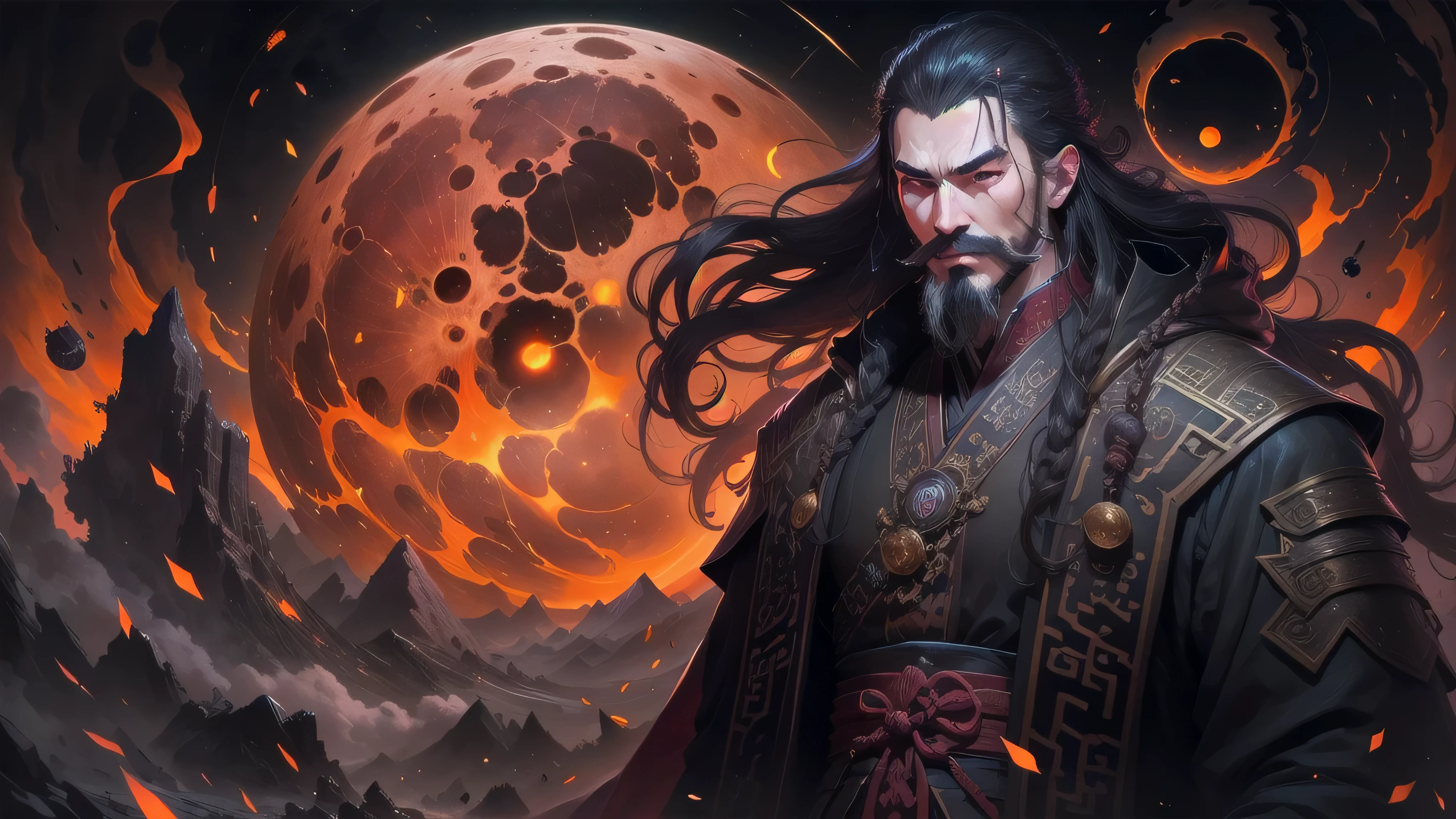 solo hay un personaje. Evil Chinese sorcerer man with ojos rojos and black dress standing on the lunar surface of the Earth's moon, long mustaches and an demonio smile, nariz ganchuda, pelo largo, hombre adulto, black robes, emperador chino, demonio, taoist, ropa negra , ropa oscura, hombre chino adulto, barba larga, ojos rojos, vampiro chino, Atractivo hombre chino con barba y bigotes largos., demonio Chinese man. En el cielo se puede ver el planeta Tierra a lo lejos.. He is standing on the lunar surface..