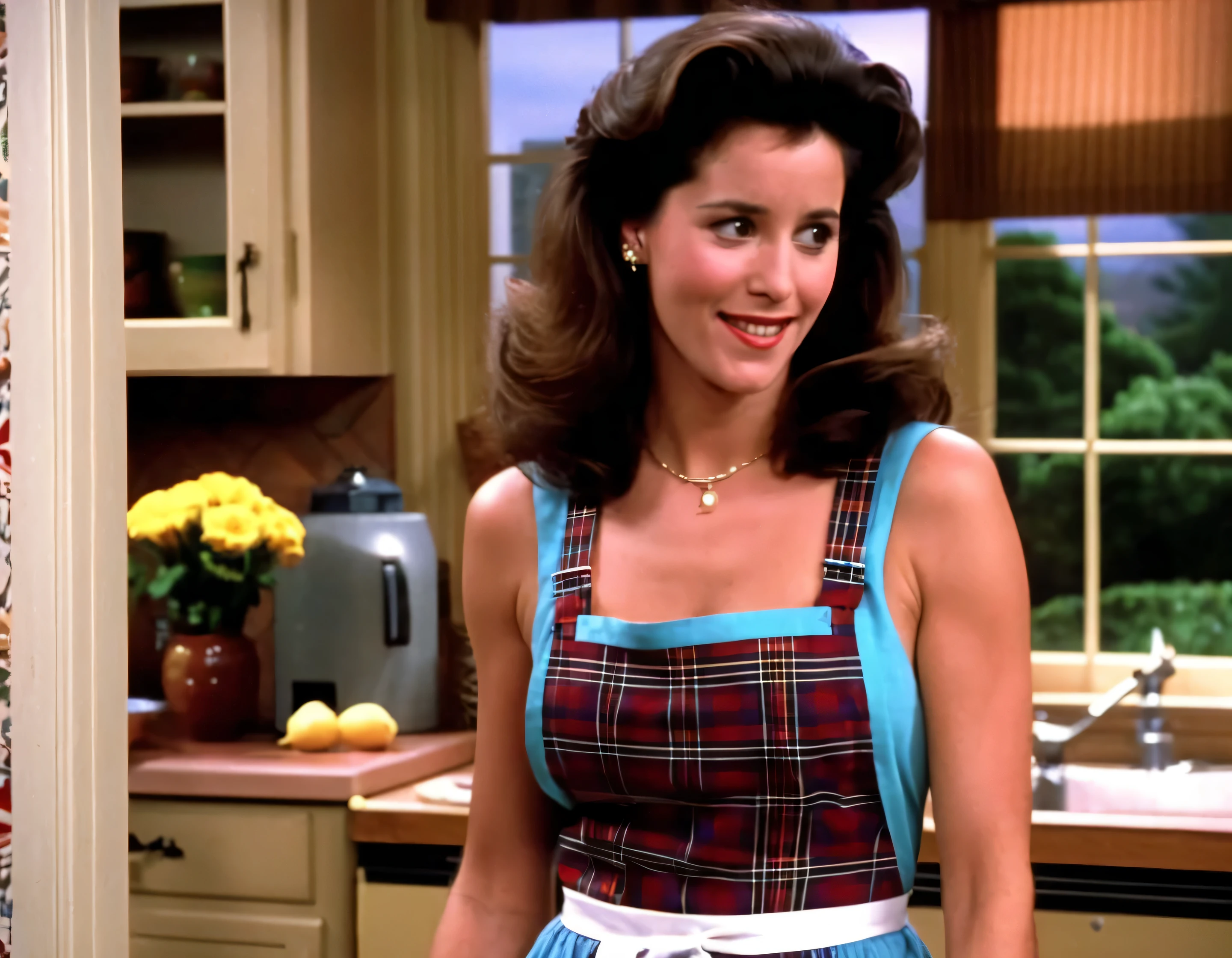 vhs screengrab, shot on a broadcast camera, a live-action 80's sitcom featuring a woman [30 years old], [1980s hairstyle], (skimpy:1.18) tartan-dress, apron, side-view, indoor house background. (Reference: friends, Seinfeld, Full house:.9) high saturation