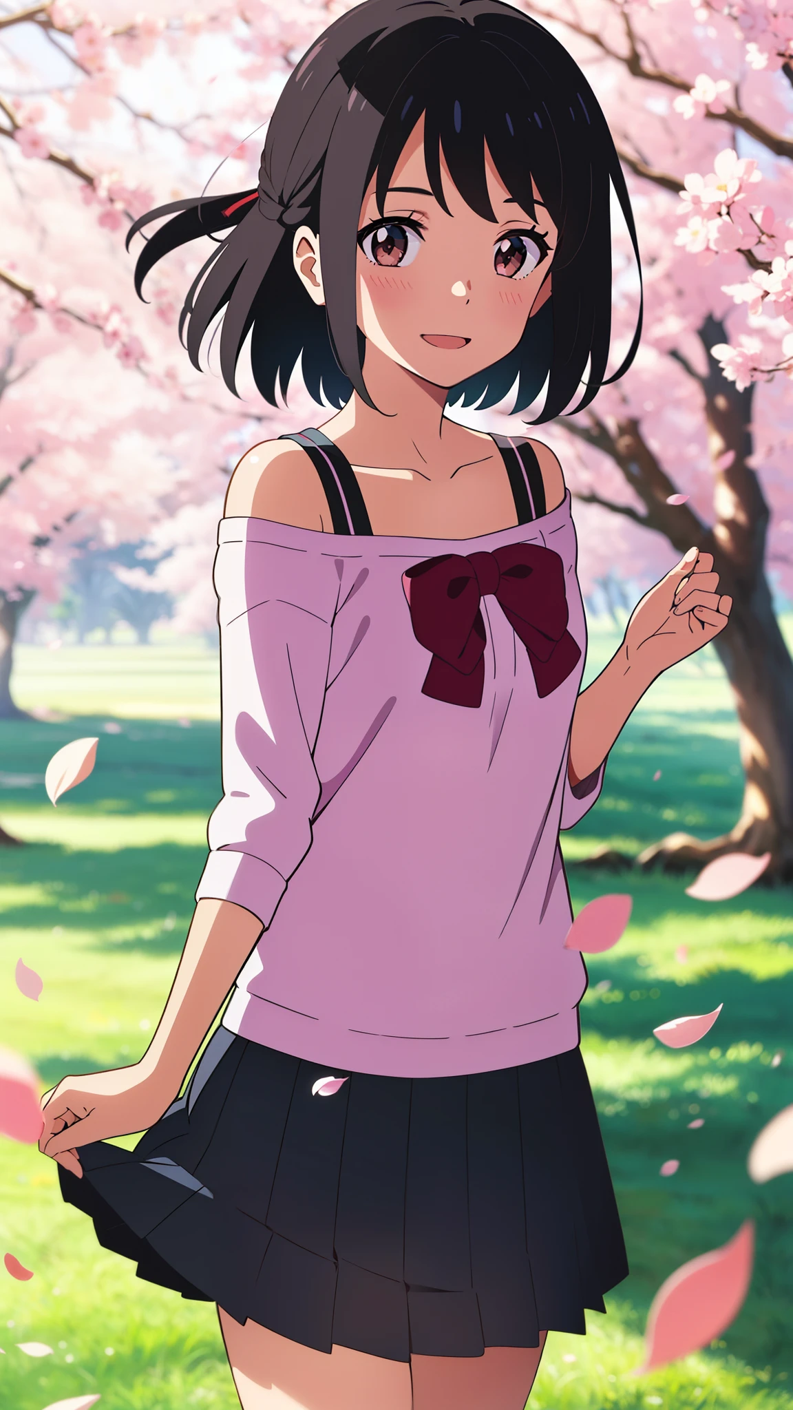 shinkai makoto, kimi no na wa., 1girl, bangs, black hair, blush, round eyes, bright eyes, brown eyes, red headband, red bow, red ribbon, short hair, shinny hair, smile, open mouth, cute, beautiful, shiny skin, looking at the viewer, solo, collarbone, white shirt, Off-the-shoulder, black pleated skirt, cherry_blossoms, falling_petals, petals, branch, pink_flower, blue_sky, spring_season, perfect hands, holding_flower, wind, tree