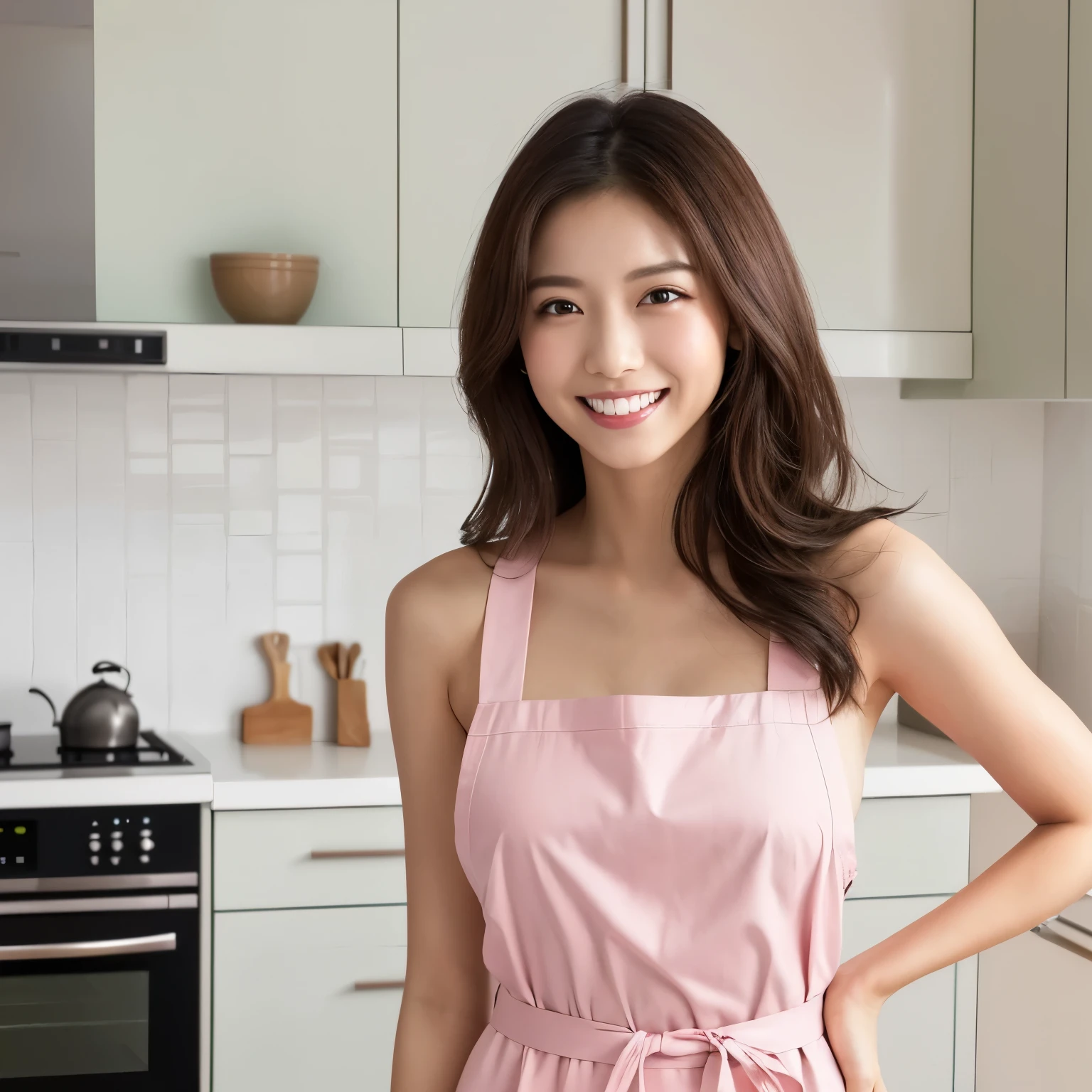 (table top、highest quality、8k、Award-winning work、ultra high resolution)、one beautiful woman、(wearing the most natural and perfect pink apron:1.1)、(naked apron:1.2)、long hair、(Look at me with your best smile:1.1)、(Show your beautiful teeth and have the best smile:1.1)、perfect beautiful teeth、emphasize body line、(bust up photo:1.1)、(Photo above the waist:1.2)、big breasts、(The most natural and practical kitchen:1.1)、(Perfectly organized and clean kitchen:1.1)、(modern and elegant kitchen:1.1)、(Perfect kitchen with state-of-the-art induction:1.1)、(Beautiful modern kitchen with a unified feel:1.1)、(すごくbright:1.2)、(すごくbright and vivid:1.2)、bright、すごくbright、It's very vivid、the most vivid、High chroma、radiant beautiful skin、A refreshing and beautiful perfect window、ultra high resolutionのperfect beautiful teeth、(Ultra high definition glossy skin:1.1)、(すごくbrightly lit、bright and glowing skin:1.2)、Super high-definition sparkling eyes、(accurate anatomy:1.1)、(the most elegant and perfect posture:1.1)