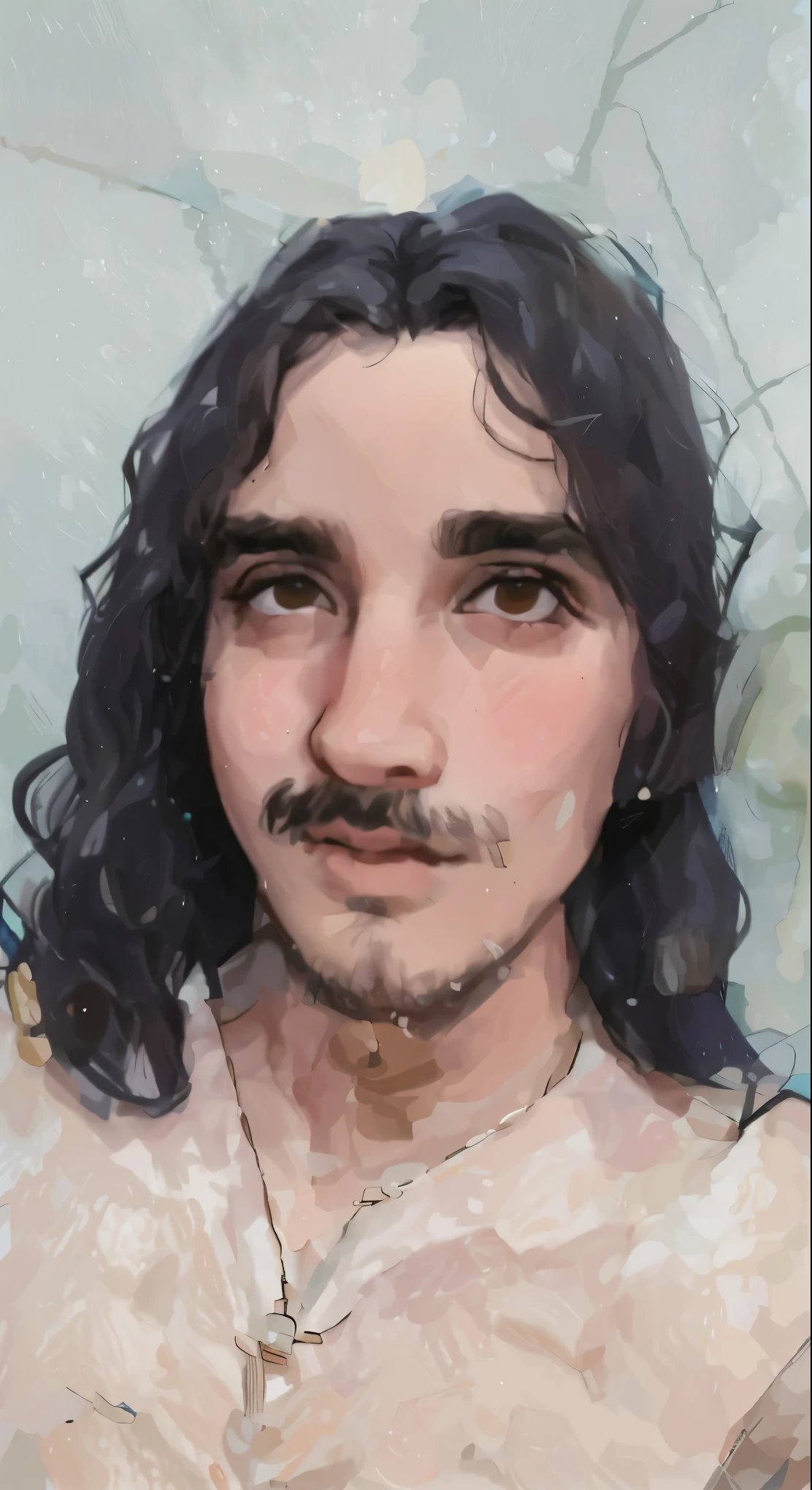 there is a man com cabelo comprido and a necklace in a shower, cerca de 19 anos, in oil painting style, imagem de qualidade muito baixa, Diego Dayer, imagem de perfil, Alexandre, foto frontal, cabelos oleosos, 23 anos, 27 anos de idade, com bigode, 28 anos de idade, com cabelo comprido, david rios ferreira 8k qualidade.