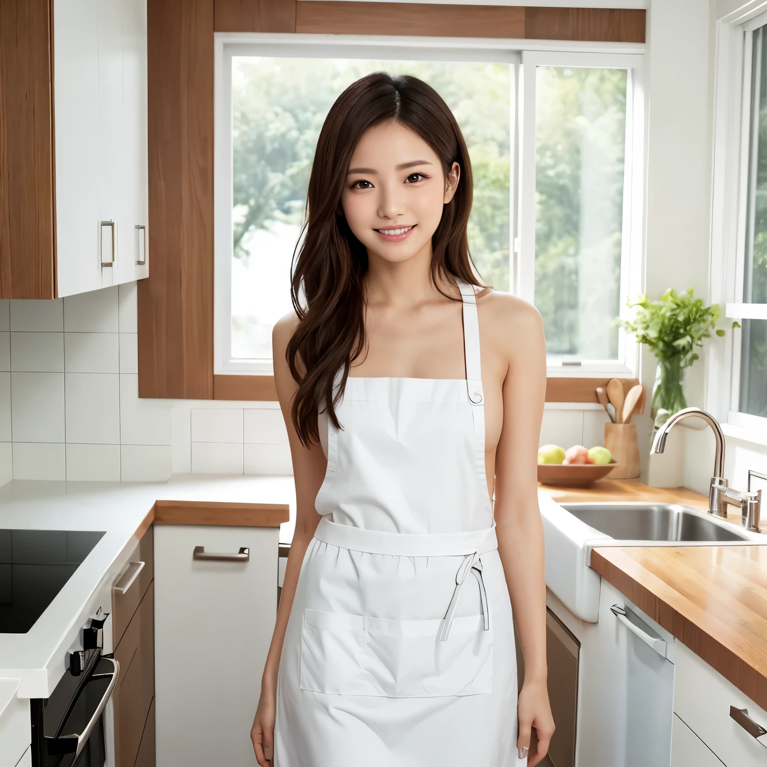 (table top、highest quality、8k、Award-winning work、ultra high resolution)、one beautiful woman、(wearing the most natural and perfect pink apron:1.1)、(naked apron:1.2)、long hair、(Look at me with your best smile:1.1)、(Show your beautiful teeth and have the best smile:1.1)、perfect beautiful teeth、emphasize body line、(bust up photo:1.1)、big breasts、(The most natural and practical kitchen:1.1)、(Perfectly organized and clean kitchen:1.1)、(modern and elegant kitchen:1.1)、(Perfect kitchen with state-of-the-art induction:1.1)、(Beautiful modern kitchen with a unified feel:1.1)、(すごくbright:1.2)、(すごくbright and vivid:1.2)、bright、すごくbright、It's very vivid、the most vivid、High chroma、radiant beautiful skin、A refreshing and beautiful perfect window、ultra high resolutionのperfect beautiful teeth、(Ultra high definition glossy skin:1.1)、(すごくbrightly lit、bright and glowing skin:1.2)、Super high-definition sparkling eyes、(accurate anatomy:1.1)、(the most elegant and perfect posture:1.1)