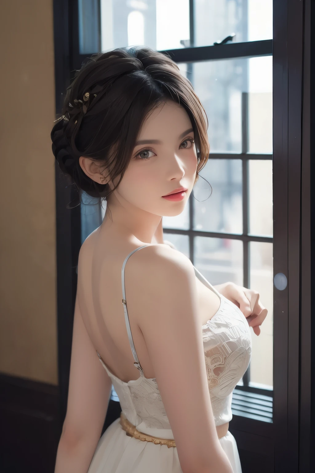 (masterpiece:1.3), (8k, lifelike, original photo, best quality: 1.4), (1 girl), pretty face, (lifelike的脸), (black hair, short hair:1.3), beautiful hairstyle, lifelike的眼睛, Beautiful and delicate eyes, (lifelike的皮肤), Beautiful skin, (sweater), Ridiculous, attractive, ultra high resolution, Surreal, Very detailed, golden ratio，whole body，slim waist，raised buttocks，