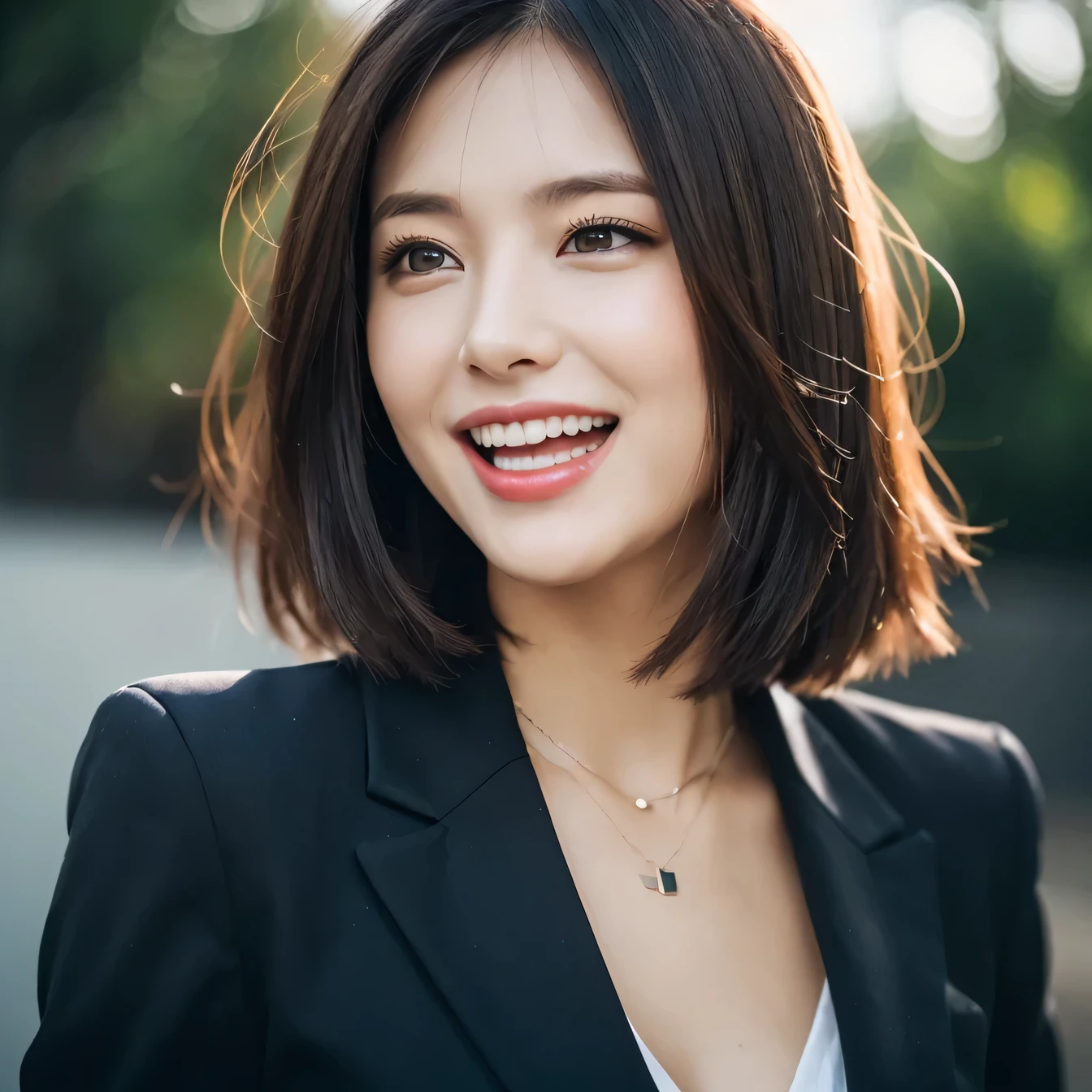 dressed, (photo-realistic:1.4), (超realistic:1.4), (realistic:1.3), (smoother lighting:1.05), (Improve the quality of movie lighting:0.9), 32K, 1 girl,25 years old, realistic lighting, Backlight, light shines on your face, ray tracing, (bright light:1.2), (Improvement of quality:1.4), (Highest quality realistic textured skin:1.4), fine eyes, detailed face, (tired, sleepy and happy:0), (smile:1.4), black suit,necklace, (Enhances the mood of your body line:1.1), (Enhances the beauty of skin texture:1.1)