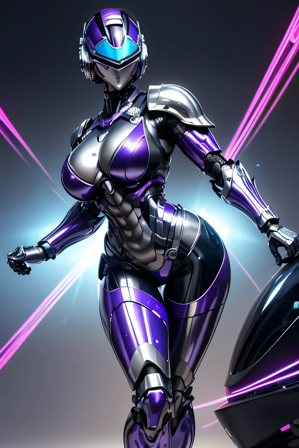 female robocop solo、Armor that completely covers the whole body、very large armor、Helmet covering the head、Eyes hidden by thin straight goggles、The lower half of the face is exposed、luscious lips、metallic purple armor、Armor that completely covers the chest、thin and long legs、Vibrant Posel Body View,big and full breasts:1.3, (sports body:1.5)、five fingers、Photos in the city