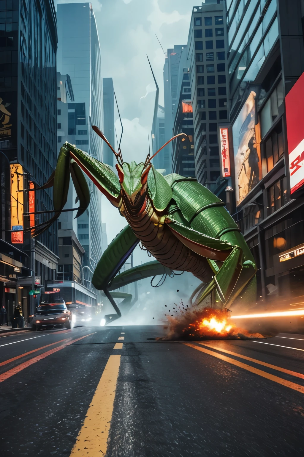 best quality, 8k, giant creature, giant praying mantis monster goes on a rampage, destroying the city, motion-blur, action-lines, speed-lines