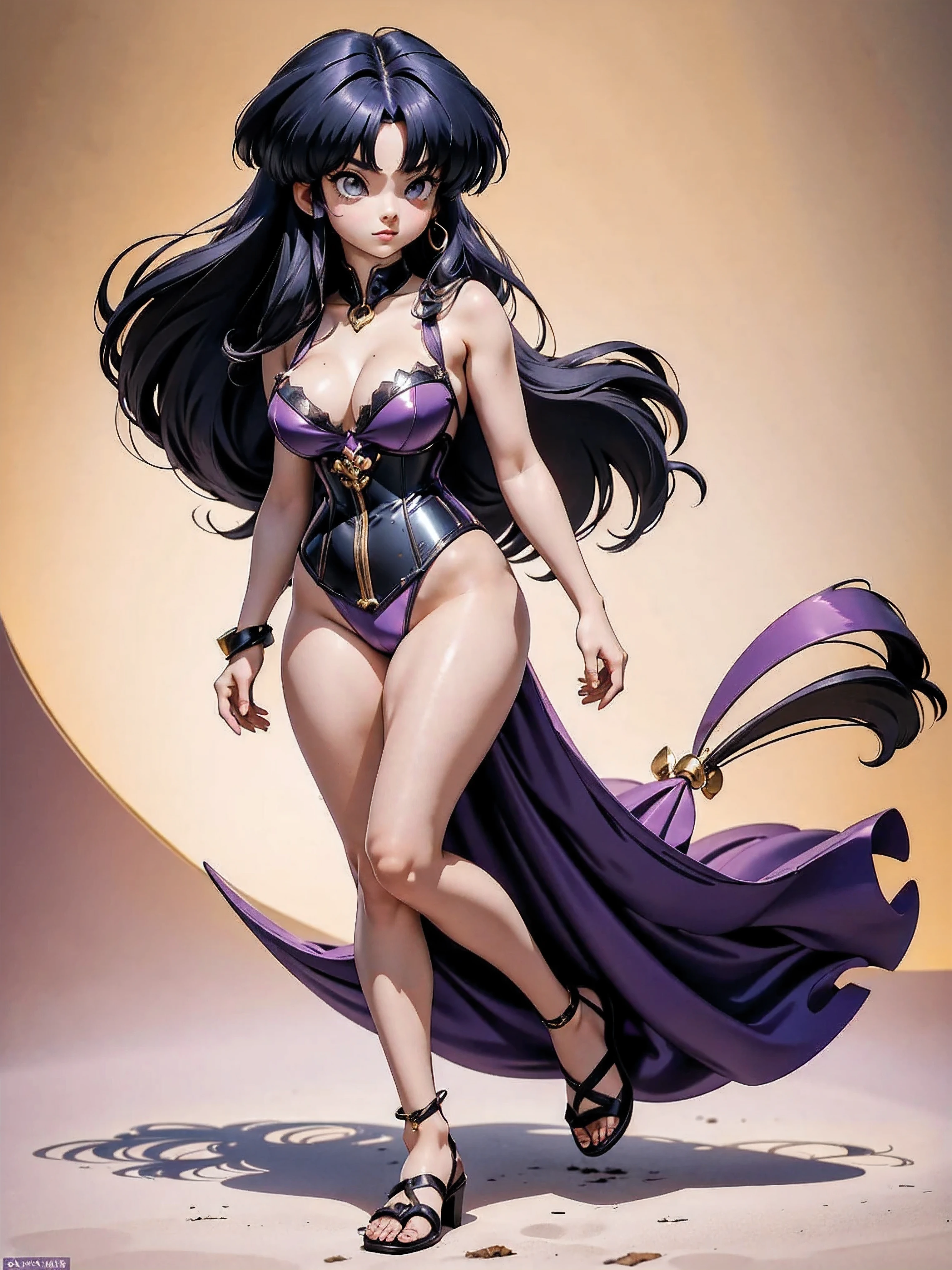 Dark-haired anime girl in purple swimsuit and corset, 16 anos, corpo bonito, seios grandes, com as hands on chest, hands on chest, Garota sexy, purple cabelo, mechas de cabelo laterais, mechas de cabelo na lateral do rosto, beautiful lighting, sombras suaves, olhos azuis, pernas bonitas, cabelo curto, estilo anime, personagem Akane Tendo, Autora Rumiko Takahashi, Baseado em obra de Rumiko Takahashi, Anime Ranma 1/ 2, decote sexy, quadril robusto, corpo inteiro, corpo inteiro, busto grande, garota jovem com corpo belo e bonito, sandals on his feet, garota 16 anos jovem, usando maiô e corset purple, garota anime, estilo anime, beautiful feet in sandals, 45° viewing angle, ao ar livre, peito grande, seios bonitos, cabelo preto, sandals on the feet, pernas bonitas, sexy, belas pernas, Sandalias, seios grandes, corpo completo, corpo inteiro, feet with sandals, anime realista, saia, sarja roxa
