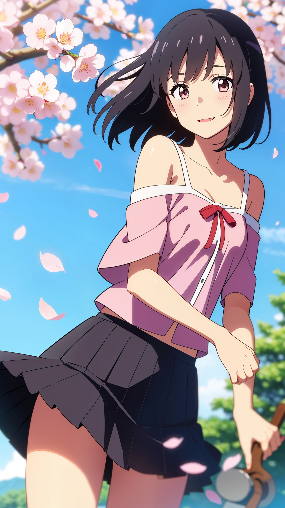 shinkai makoto, kimi no na wa., 1girl, bangs, black hair, blush, round eyes, bright eyes, brown eyes, red headband, red bow, red ribbon, short hair, shinny hair, smile, open mouth, cute, beautiful, shiny skin, looking at the viewer, solo, collarbone, white shirt, Off-the-shoulder, black pleated skirt, cherry_blossoms, falling_petals, petals, branch, pink_flower, blue_sky, spring_season, perfect hands, holding_flower, wind, tree