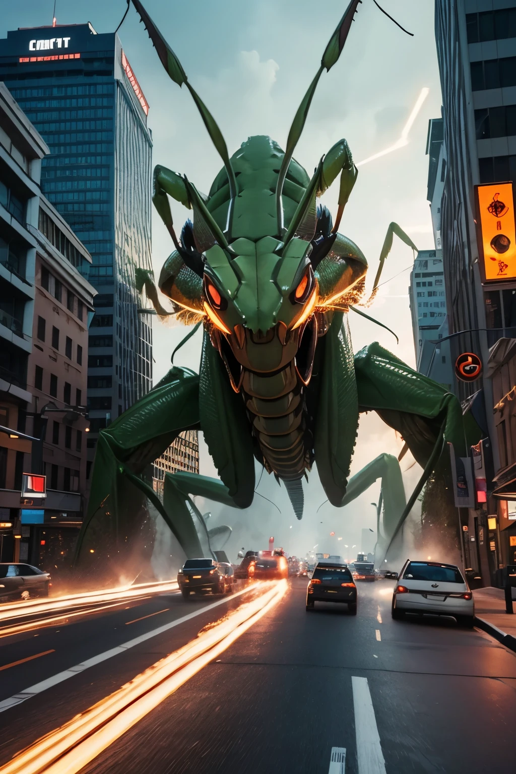 best quality, 8k, giant creature, giant praying mantis monster goes on a rampage, destroying the city, motion-blur, action-lines, speed-lines