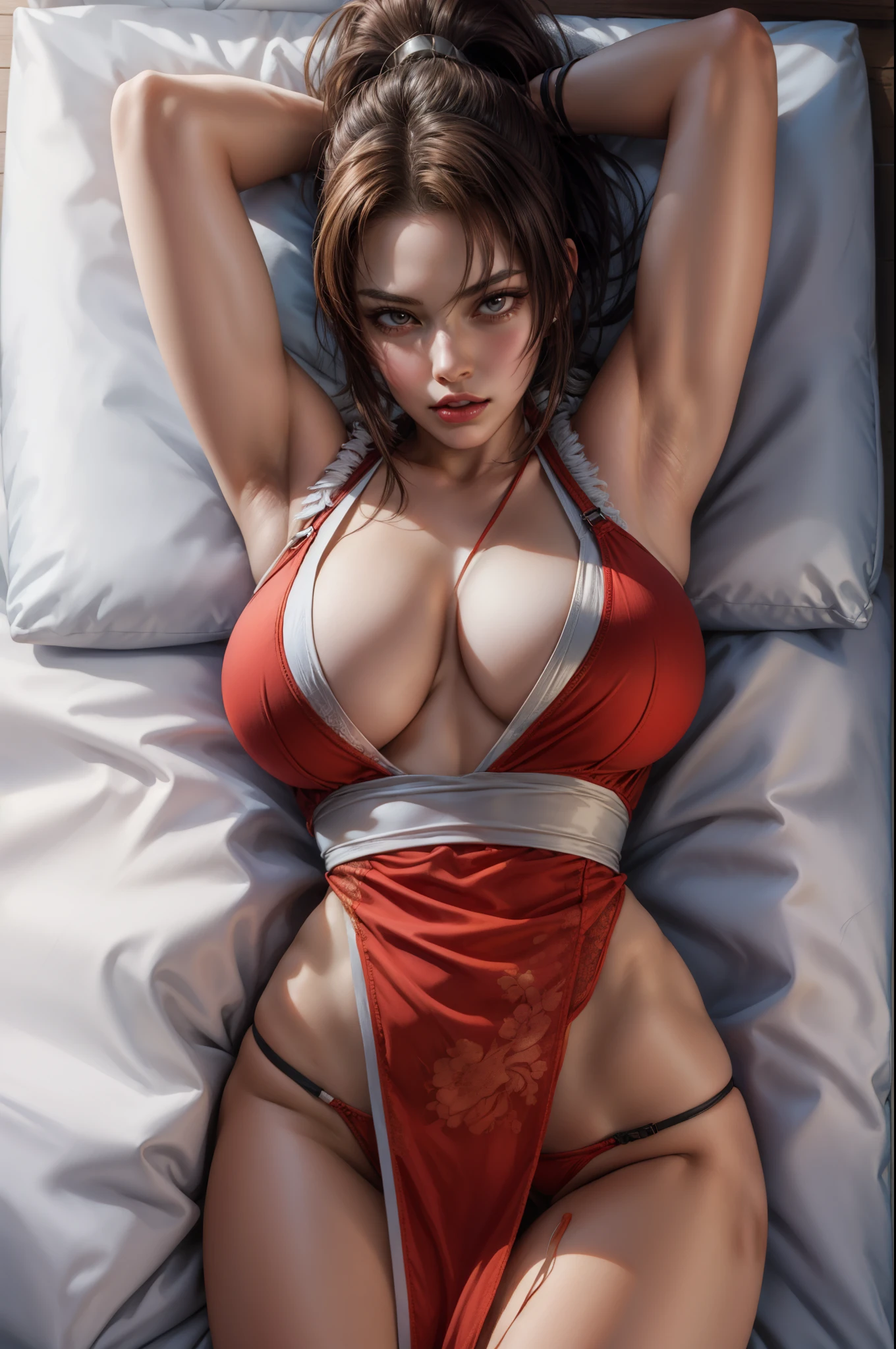 anime girl in red lingerie laying on a bed with her hands on her head, mai shiranui, tifa, seductive tifa lockhart portrait, seductive anime girl, tifa lockhart, tifa lockheart, tifa lockhart portrait, glamorous tifa lockheart, beautiful alluring anime woman, portrait of tifa lockhart, chun li