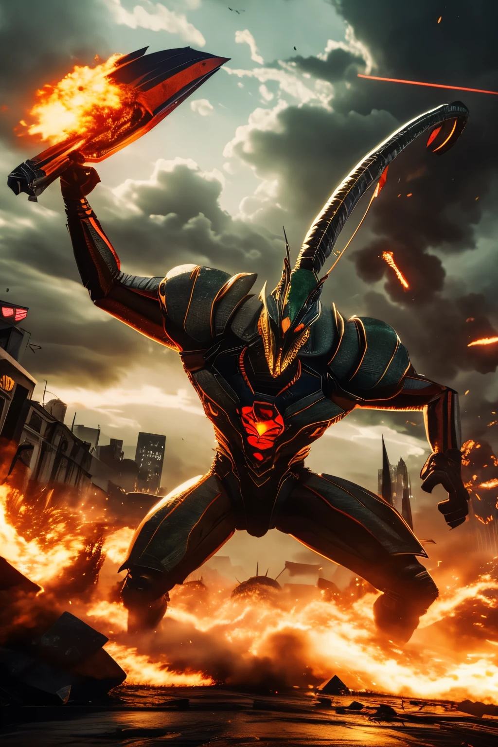 best quality, 8k, giant praying mantis monster, wielding a giant scythe, destroying the city and going on a rampage, people running around, giant creature, motion-blur, action-lines, speed-lines