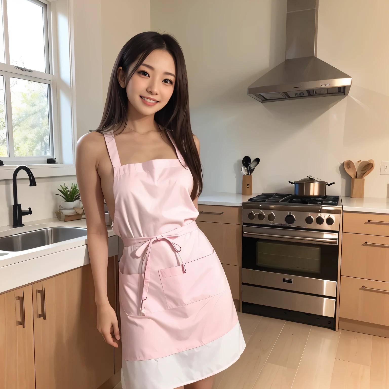 (table top、highest quality、8k、Award-winning work、ultra high resolution)、one beautiful woman、(wearing the most natural and perfect pink apron:1.1)、(naked apron:1.2)、long hair、(Look at me with your best smile:1.1)、(Show your beautiful teeth and have the best smile:1.1)、perfect beautiful teeth、emphasize body line、(bust up photo:1.1)、big breasts、(The most natural and practical kitchen:1.1)、(Perfectly organized and clean kitchen:1.1)、(modern and elegant kitchen:1.1)、(Perfect kitchen with state-of-the-art induction:1.1)、(Beautiful modern kitchen with a unified feel:1.1)、(すごくbright:1.2)、(すごくbright and vivid:1.2)、bright、すごくbright、It's very vivid、the most vivid、High chroma、radiant beautiful skin、A refreshing and beautiful perfect window、ultra high resolutionのperfect beautiful teeth、(Ultra high definition glossy skin:1.1)、(すごくbrightly lit、bright and glowing skin:1.2)、Super high-definition sparkling eyes、(accurate anatomy:1.1)、(the most elegant and perfect posture:1.1)
