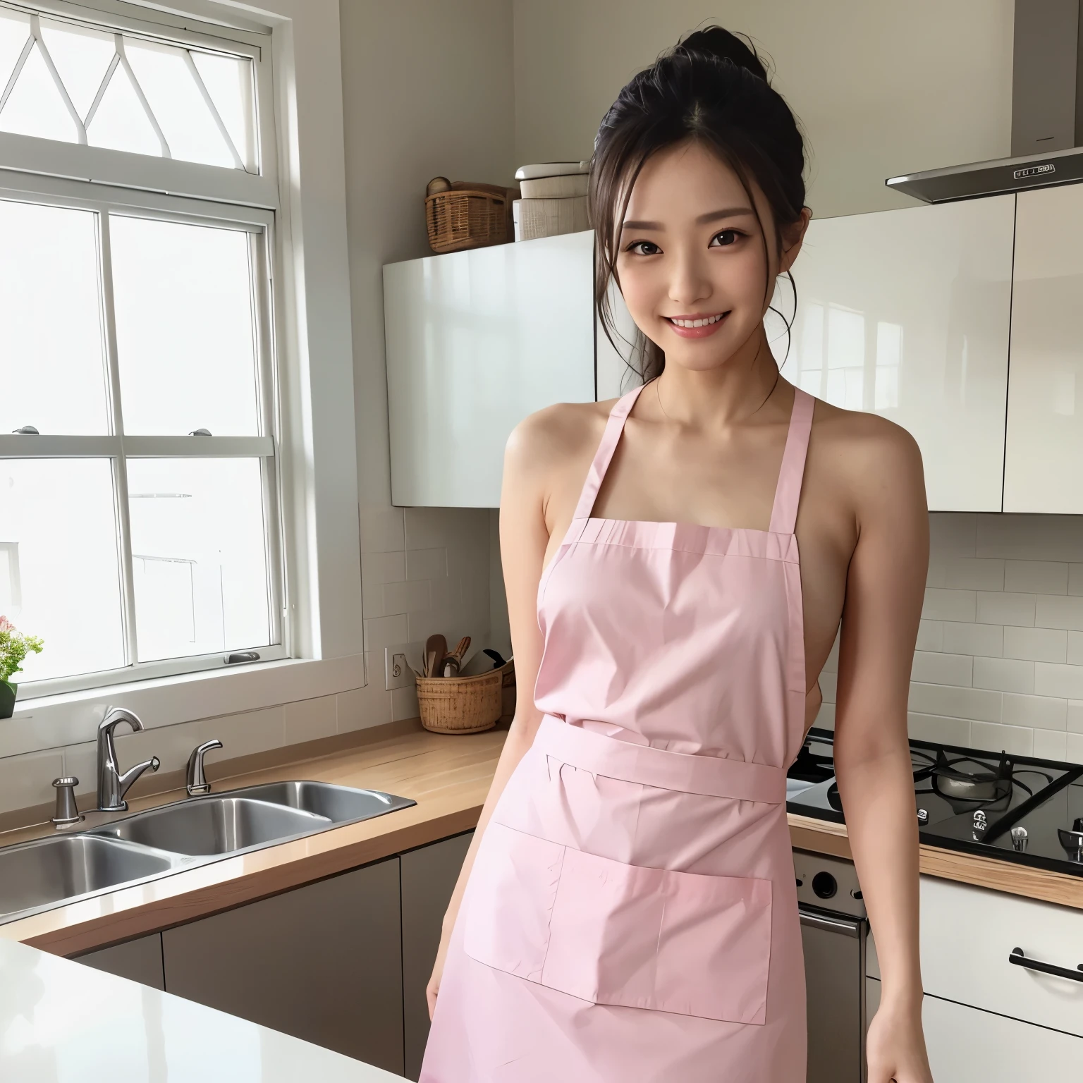 (table top、highest quality、8k、Award-winning work、ultra high resolution)、one beautiful woman、(wearing the most natural and perfect pink apron:1.1)、(naked apron:1.2)、long hair、(Look at me with your best smile:1.1)、(Show your beautiful teeth and have the best smile:1.1)、perfect beautiful teeth、emphasize body line、(bust up photo:1.1)、big breasts、(The most natural and practical kitchen:1.1)、(Perfectly organized and clean kitchen:1.1)、(modern and elegant kitchen:1.1)、(Perfect kitchen with state-of-the-art induction:1.1)、(Beautiful modern kitchen with a unified feel:1.1)、(すごくbright:1.2)、(すごくbright and vivid:1.2)、bright、すごくbright、It&#39;s very vivid、the most vivid、High chroma、radiant beautiful skin、A refreshing and beautiful perfect window、ultra high resolutionのperfect beautiful teeth、(Ultra high definition glossy skin:1.1)、(すごくbrightly lit、bright and glowing skin:1.2)、Super high-definition sparkling eyes、(accurate anatomy:1.1)、(the most elegant and perfect posture:1.1)