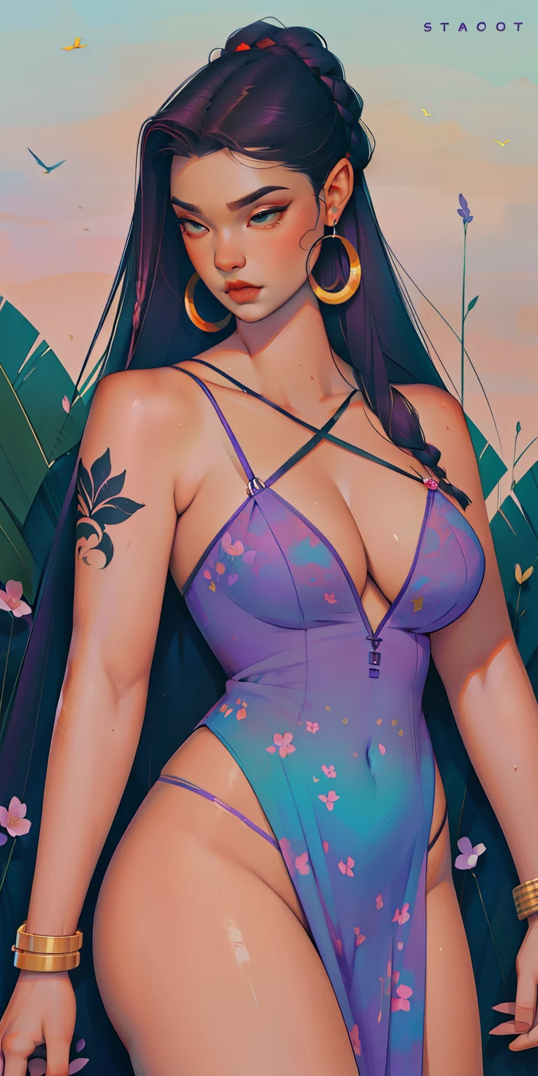 happy, comfortably, superior, Romantic, background, In chic lavender purple mint hair, Mixed languages_Short message, (美丽清晰的background:1.2),, fantastic painting ,graffiti style, highly detailed eyes , underwear, lace, emulsion, long braids, braid, long hair, cool hairstyle, floral print, birds, plant, candy, tattoo, like, like, super fine hair, masterpiece, best quality, high quality, high resolution, Detail enhancement, ((the most beautiful image in the world)), masterpiece, best quality, high quality, high resolution, Detail enhancement, ((the most beautiful image ), Hair with diminished luster, Black suit suit, decoration, bracelet, ring, dig a hole, simple hoop earrings, cool hairstyle, art by stjepan sejic, Artwork by J. Scott Campbell, The Art of Guillem March, Artwork by Sitmer Liu, 4k, high resolution, comics book character, comics, high quality详细, style of ::2.0 comics插画风格,tattoo风格, high quality, high resolution, Detail enhancement, 8k, HD, best quality, high quality, high resolution, Detail enhancement, 8k, HDR, sharp focus, Super detailed, perfect lighting, curvy body, plump breasts, Beautifully curved hips