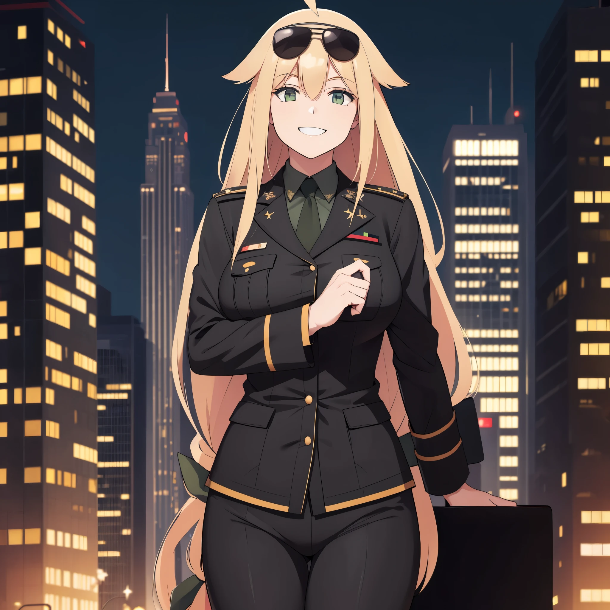 A woman wearing a black military suit, long blonde hair, green eyes, in a big city at night, smiling