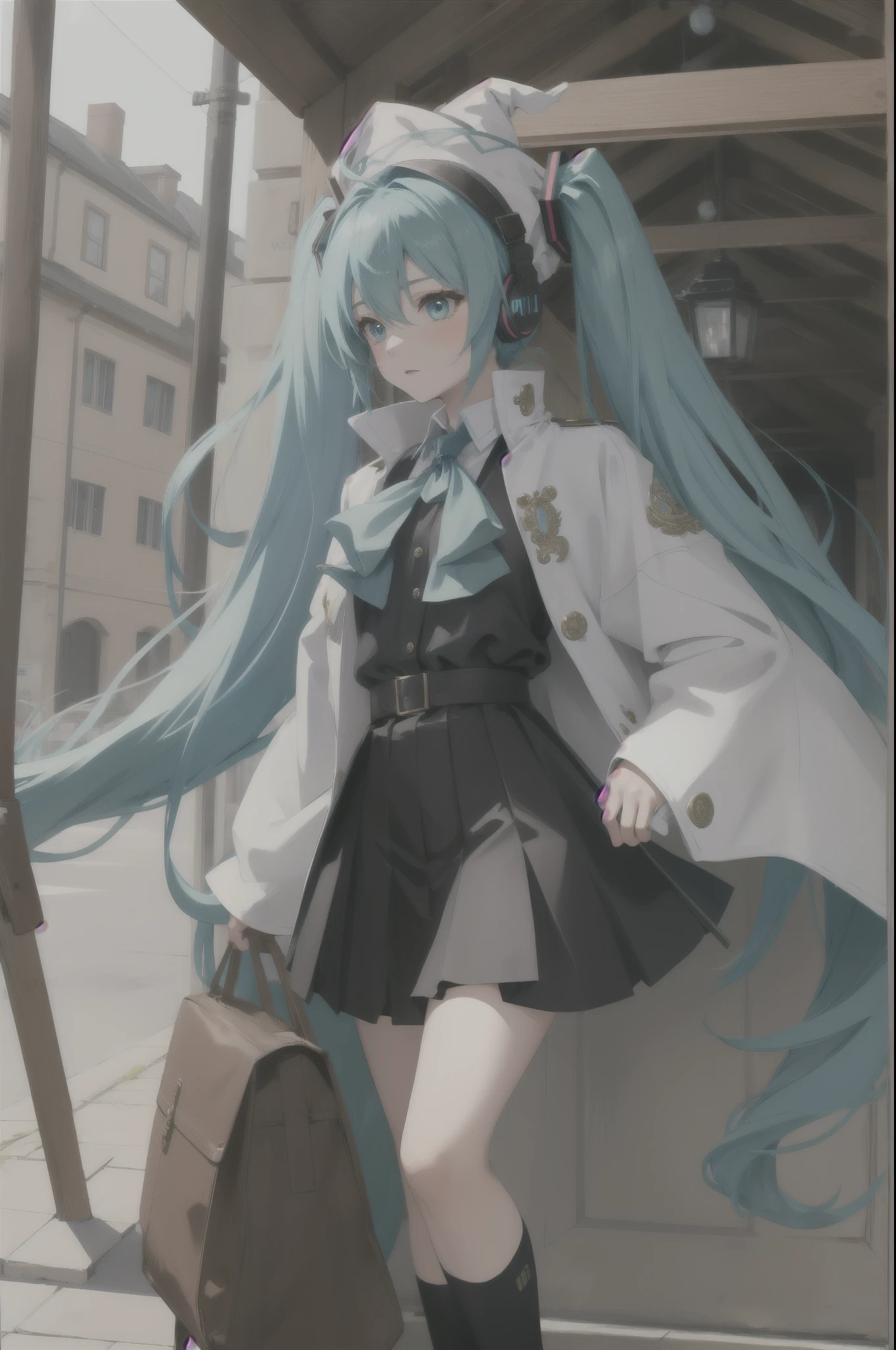 (masterpiece, best quality), intricate details,
1girl, miku hatsune, ahoge, aqua eyes, aqua hair, crossed bangs, hair between eyes, hair ornament, headphones, long hair, twintails,,
black legwear, black skirt, capelet, jacket, brown jacket, long sleeves, miniskirt, open clothes, open jacket, pleated skirt, skirt, white capelet, white footwear, white jacket, witch hat,
BREAK fantasy village, carriages, street, market,