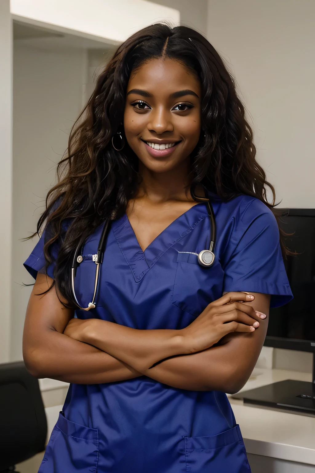 beautiful girl, 4k, masterpiece, best quality, dark skin, curly long hair, medical scrubs, arms crossed, smiling, professional