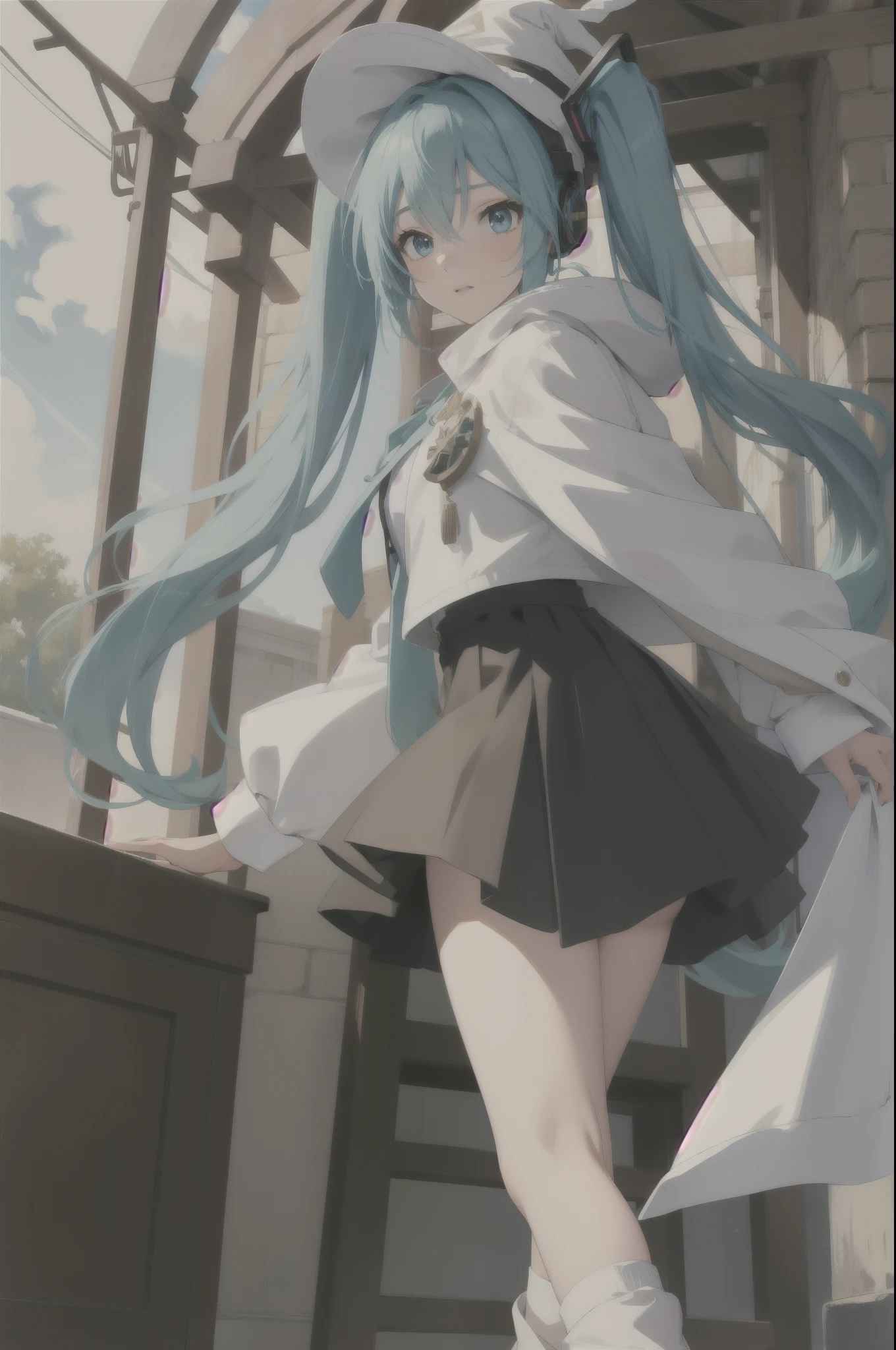 (masterpiece, best quality), intricate details,
1girl, miku hatsune, ahoge, aqua eyes, aqua hair, crossed bangs, hair between eyes, hair ornament, headphones, long hair, twintails,,
black legwear, black skirt, capelet, jacket, brown jacket, long sleeves, miniskirt, open clothes, open jacket, pleated skirt, skirt, white capelet, white footwear, white jacket, witch hat,
BREAK fantasy village, carriages, street, market,