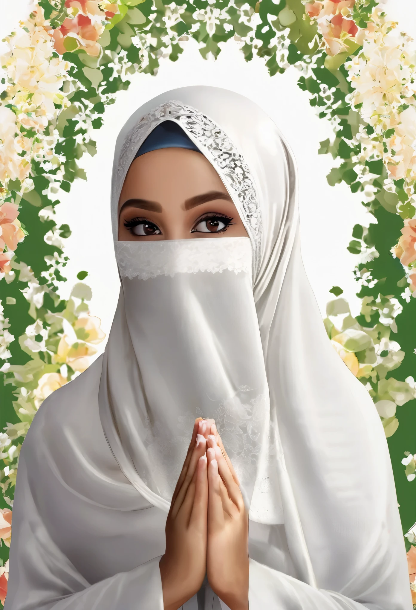 +mukena), 1 girl, 25 year, smile, using a PRAYER HIJAB frilly, white background, real_life, from_behind_view