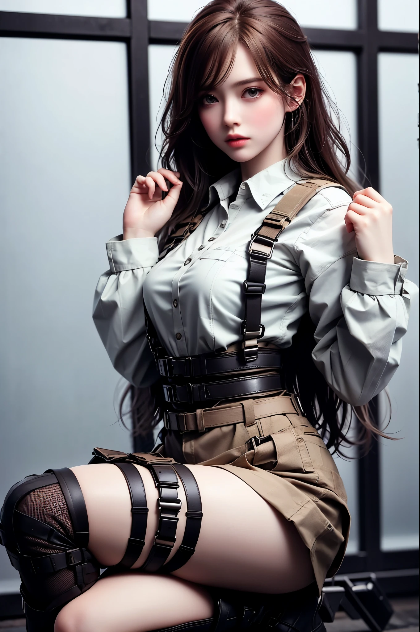 Brown hair, watching at viewers, black suspenders, Black skirt, white shirt, garter belt, Gaze, knee high socks, holster, Beautiful Women, Hands up. black boots, flank, put your hands behind your back, at night, city in the background