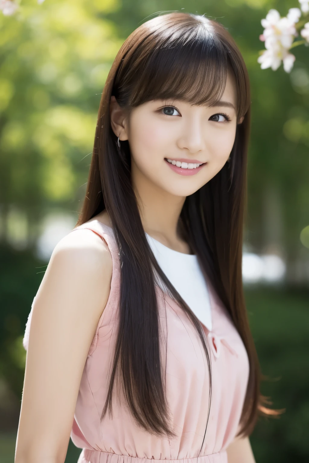 ulzzang-6500-v1.1,(8k、Raw photo、highest quality、masterpiece:1.2)、High resolution、wallpaper、(realistic、Photoreal:1.37)、bright lighting、professional lighting、face light、professional smooth lighting、japanese woman、20-year-old、Beautiful woman、action、gravure、sexy、super beautiful、Fine and beautiful skin、skin texture、beautiful and detailed eyes、detailed face、slim waist、Beautiful long hair、brunette colored hair、black eyes、look at the camera、Upper body　　　　　　　floating hair、human body as a whole、Japanese high school uniform、high school girl、School zone、Cherry tree、red ribbon、bob hair、Smile