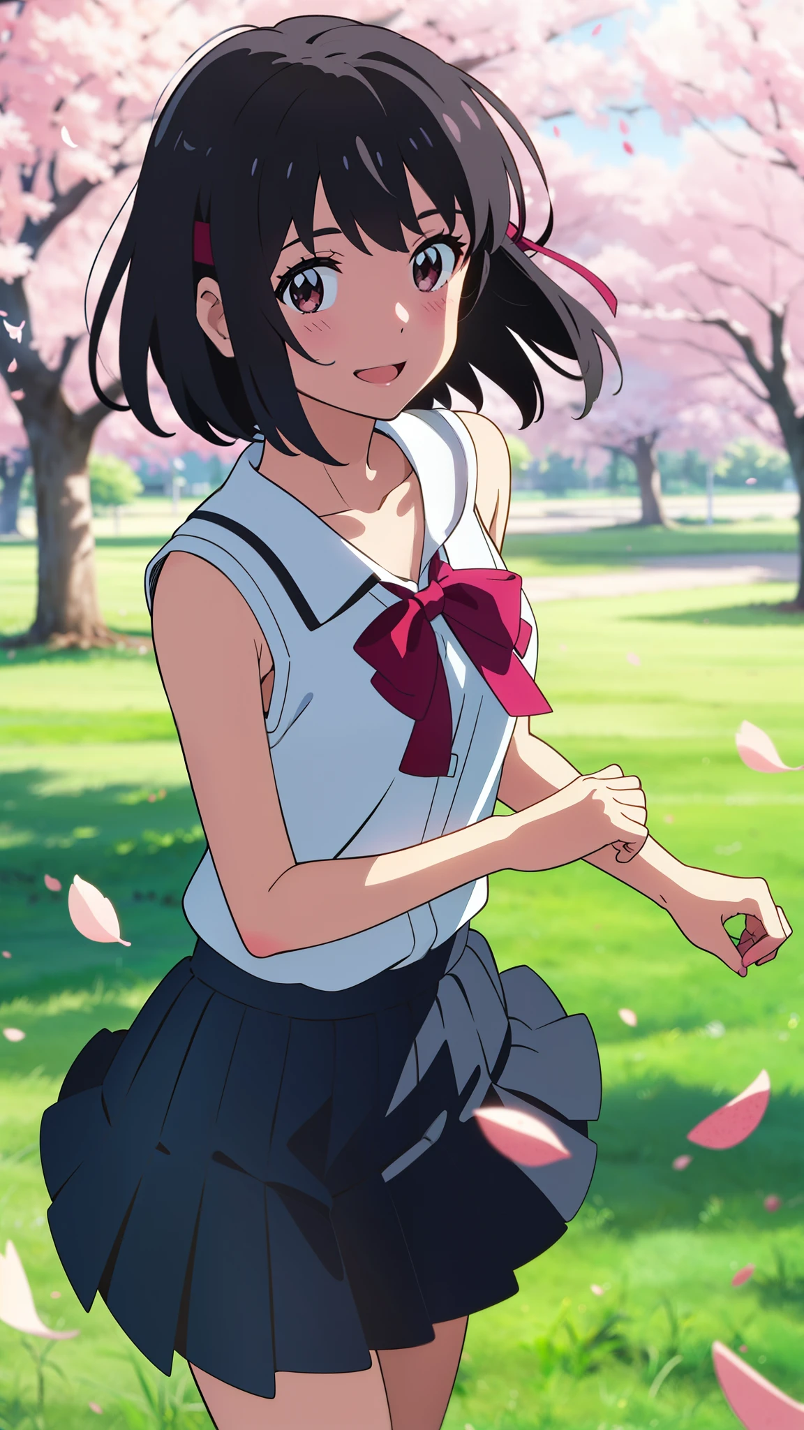 shinkai makoto, kimi no na wa., 1girl, bangs, black hair, blush, round eyes, bright eyes, brown eyes, red headband, red bow, red ribbon, short hair, shinny hair, smile, open mouth, cute, beautiful, shiny skin, looking at the viewer, solo, collarbone, white shirt, bare shoulders, black pleated skirt, cherry_blossoms, falling_petals, petals, branch, pink_flower, blue_sky, spring_season, perfect hands, holding_flower, wind, tree