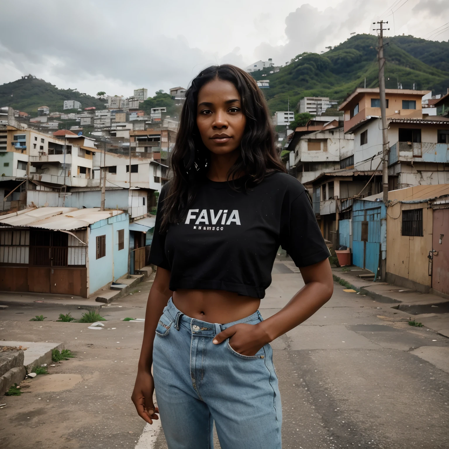 Black woman 38 years old standing with favela in the background of the photo