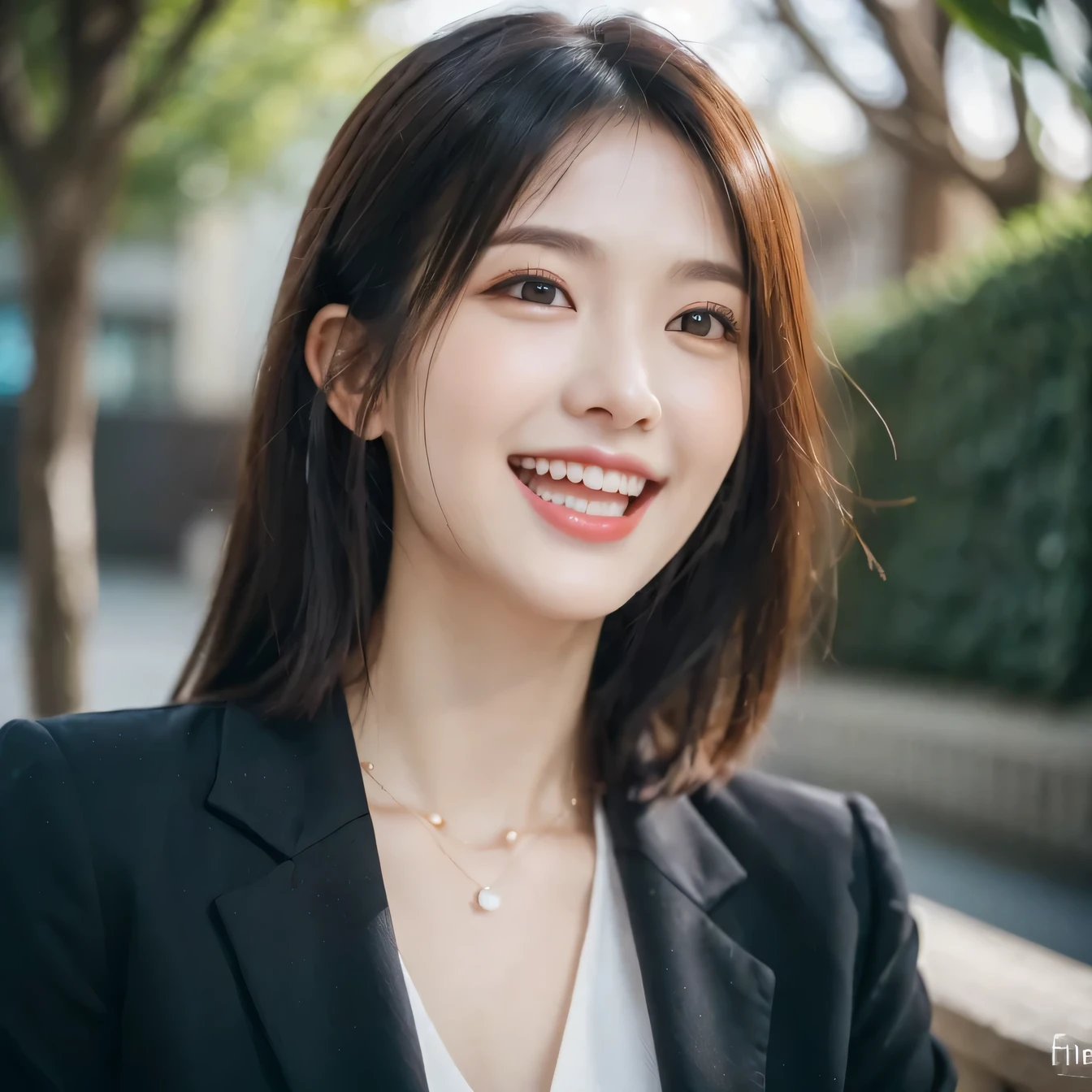 dressed, (photo-realistic:1.4), (超realistic:1.4), (realistic:1.3), (smoother lighting:1.05), (Improve the quality of movie lighting:0.9), 32K, 1 girl,25 years old, realistic lighting, Backlight, light shines on your face, ray tracing, (bright light:1.2), (Improvement of quality:1.4), (Highest quality realistic textured skin:1.4), fine eyes, detailed face, (tired, sleepy and happy:0), (smile:1.4), black suit,necklace, (Enhances the mood of your body line:1.1), (Enhances the beauty of skin texture:1.1)