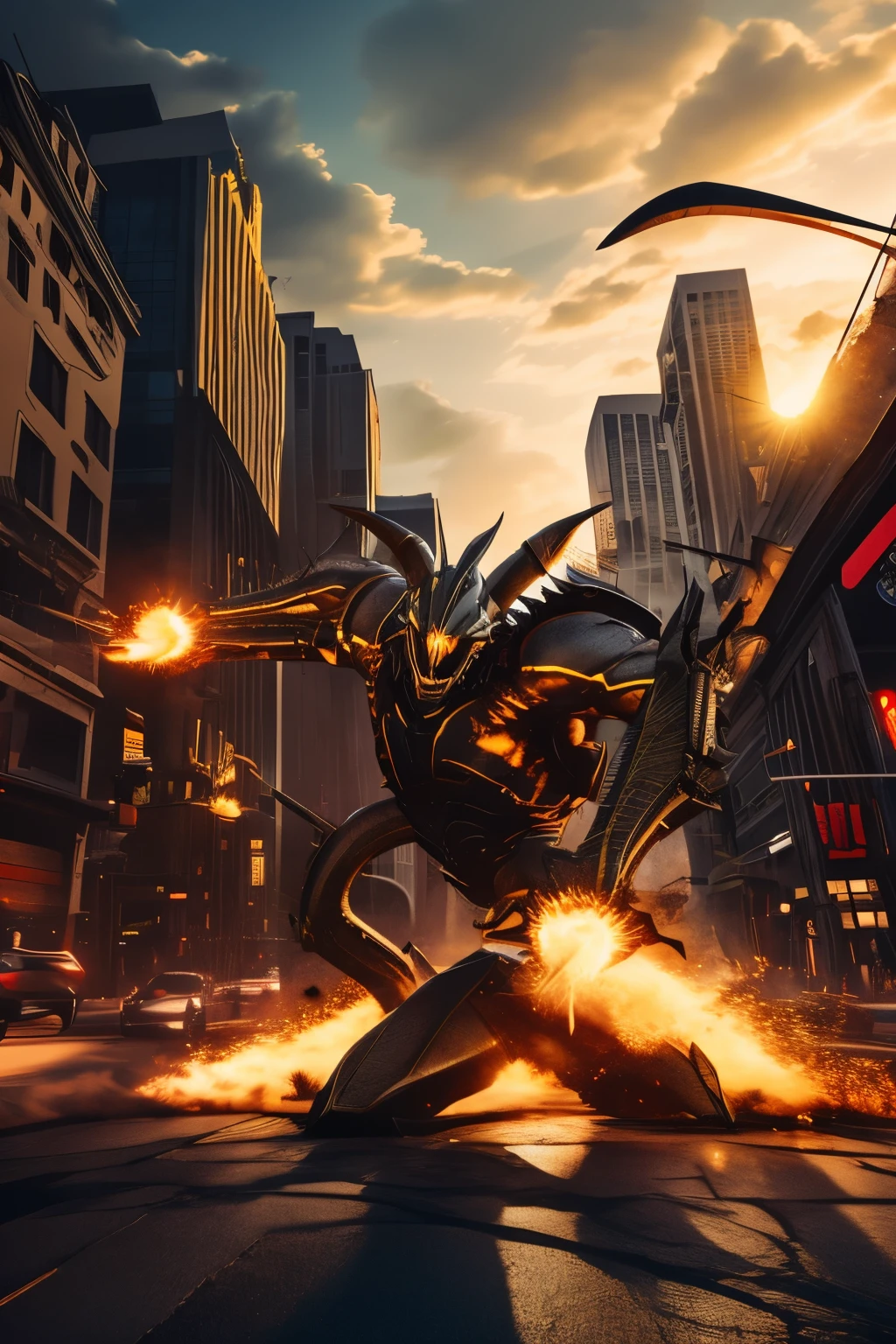 best quality, 8k, giant praying mantis monster, wielding a giant scythe, destroying the city and going on a rampage, people running around, giant creature, motion-blur, action-lines, speed-lines