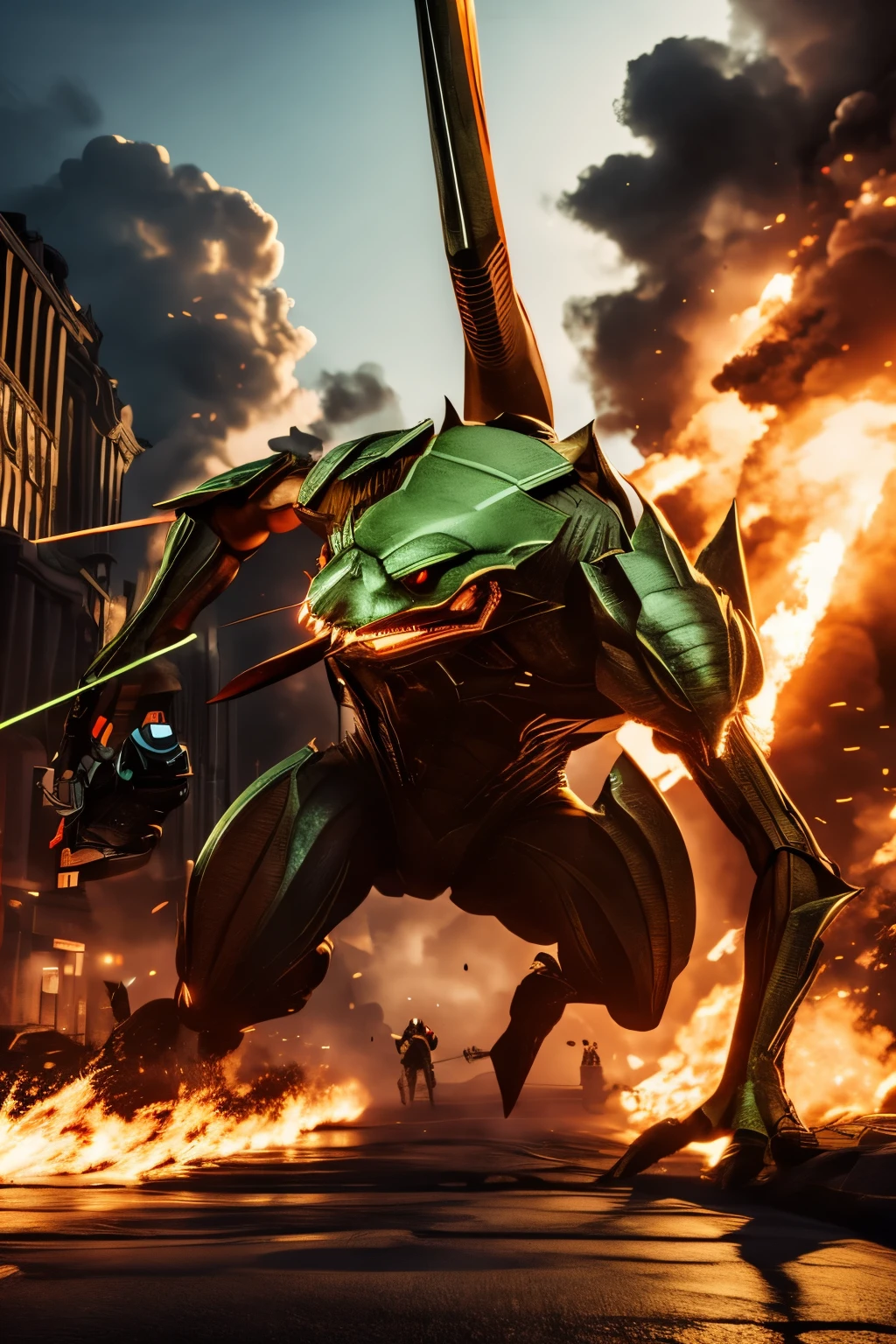 best quality, 8k, giant praying mantis monster, wielding a giant scythe, destroying the city and going on a rampage, people running around, giant creature, motion-blur, action-lines, speed-lines