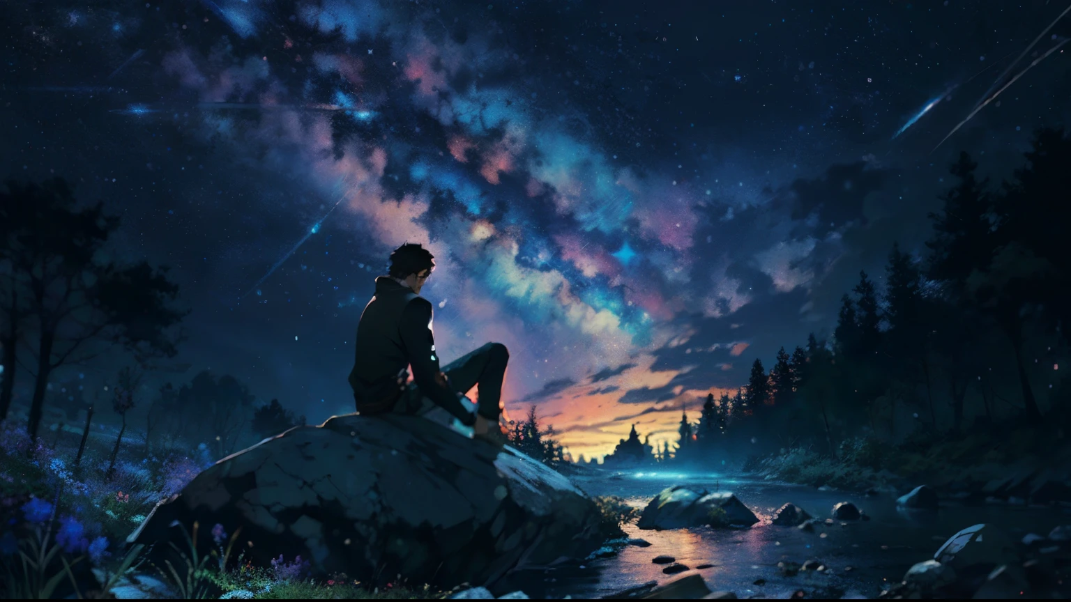 starry night、man and dog sitting on a rock, high quality desktop wallpapers, makoto shinkai cyril rolando, hd wallpaper, awesome wallpaper, high quality wallpaper, beautiful wallpaper, wallpaper 4k, wallpaper 4k, 4 k hd wallpaper very detailed, anime art wallpaper 4k, anime art wallpaper 4k, 4K HD illustration wallpaper