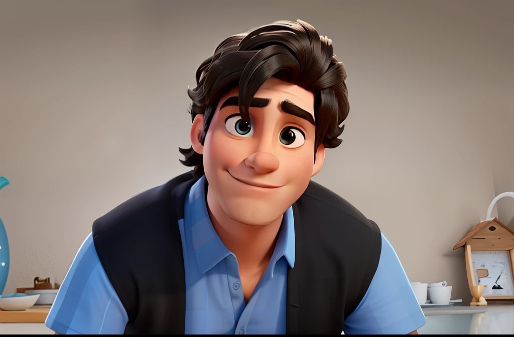 homem, cabelos lisos e negros, olhos azuis, sentado, nariz mais fino Estilo Disney 3D