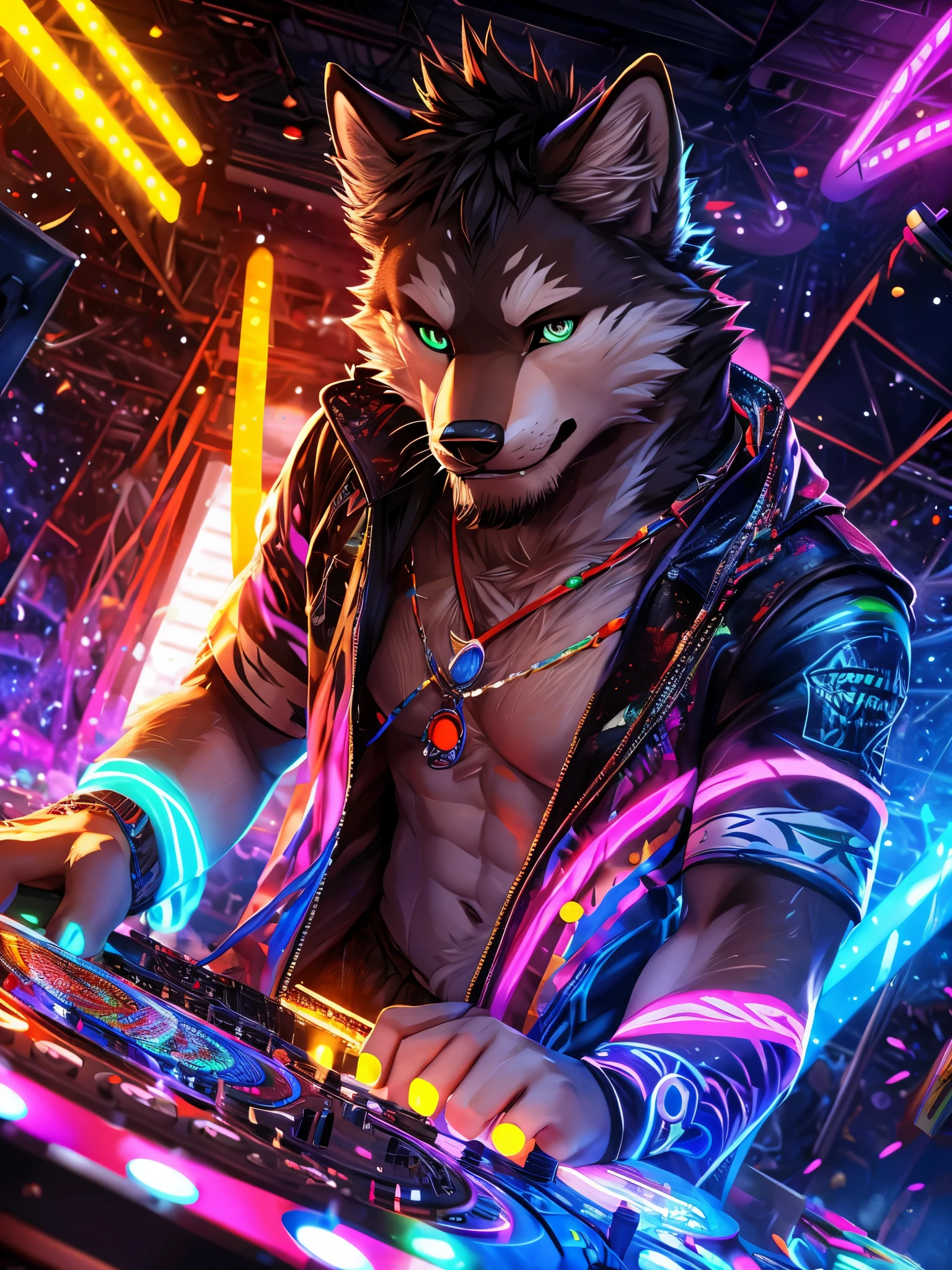 there is a man of a Wolf playing a dj at a party, on a very magnificent stage, A man facing the audience, shot Camera from top right, scene from a rave, at a rave, pov furry art, background artwork, peoples rave party, partying at a rave, commission for high res, fursona art, [ Chunie art style ], dj rave party, with blue, red, white, purple and green lights, excited face, enjoying dj Rave party, (Zoom Out: 1:2), (Realistic eyes detail: 1:2), high details, high quality, award winning, HD, 16k, (best quality,4k,8k,highres,masterpiece:1.2),ultra-detailed,realistic:1.37,HDR,UHD,studio lighting,extreme detail description,professional,vivid colors,bokeh,lively atmosphere, natural lighting