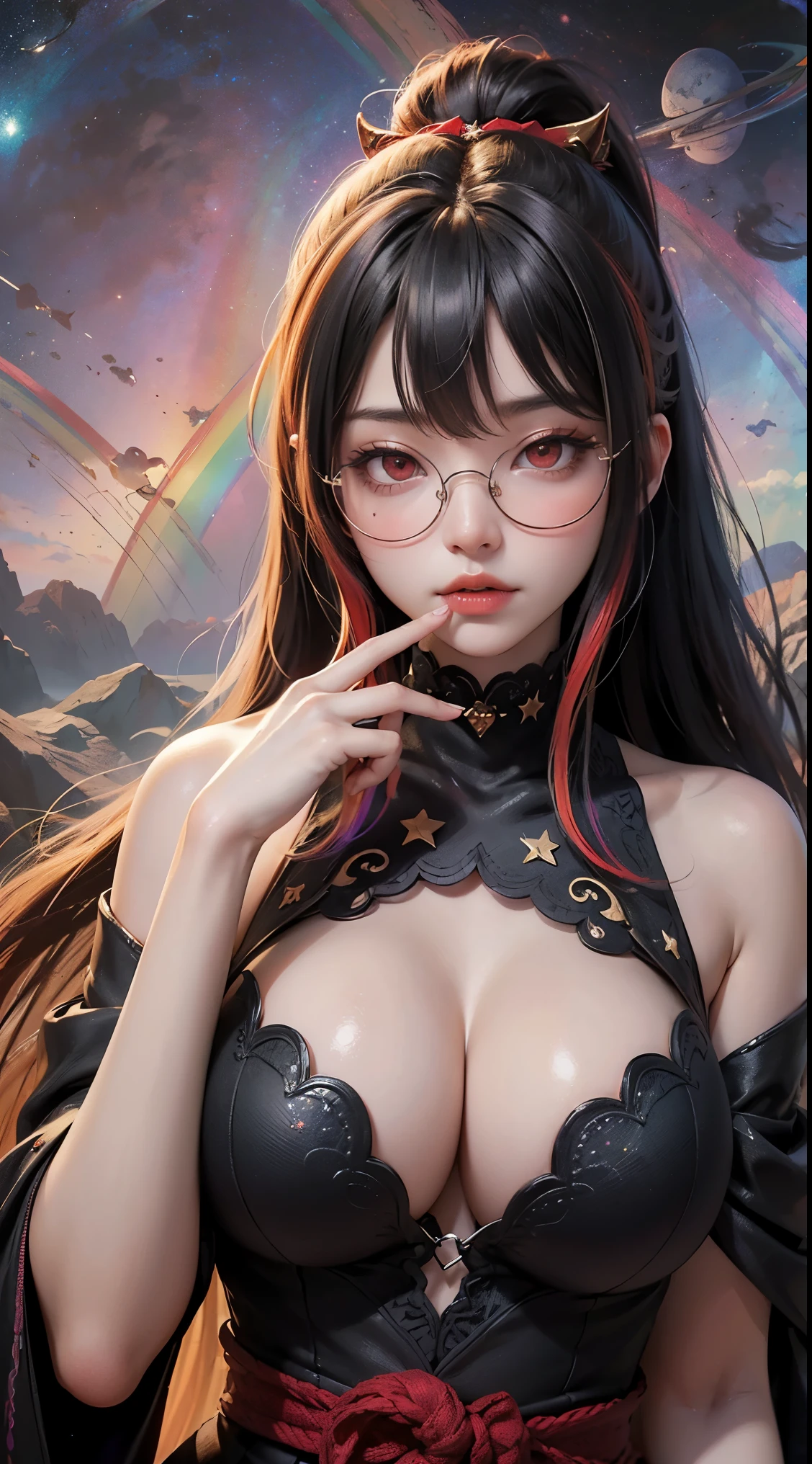 1名 27歳 woman, got it、(best illustrations)、8k UHD resolution、intricate details、最high quality、realistic、Super detailed、best lighting、best shadow、soft lighting、ultra hd、dungeon and Dragon、cave、dungeon、 necromancer、night、dark style、Succubus、devil'Daughter of、bat wings,(((demon hornラック縁round glasses))))、(((big breasts)))、(devil'Tail)、(red eyes shine:1.6)、masterpiece、beautiful features、Tyndall effect、realisticphotograph、(high detail skin:1.2)、8KUHD、Digital single-lens reflex camera、high quality、photograph、High resolution、 absurd、Ponytail distortion、Optimal ratio of 4 fingers and 1 thumb、1 girl、hair ornaments、真っ赤に輝くgemのネックレス、gem、beautiful expression、body up、big breasts emphasis、tight waist、wide ass、Tyndall effect、Photoreal、(high detail skin:1.2)、dark and mysterious version, lipstick red lips, thin and beautiful lips, Don'don't laugh, please keep your mouth shut, Characters created by Karol Baku and Pino Denis, intricate details, detailed background, very detailed, magic of light, woman, cute face, ((((giant glasses, otaku glasses, thick glasses, round glasses))))、 looking at the Upper body of the goddess , round chest, big and round chest, phoenix hair brooch, long hair with bangs, (Long hair has seven colors like a rainbow:1.9), Beautifully detailed face and well-proportioned eyes, (clear red eyes: 1.8), Big round eyes and very beautiful and detailed makeup, Visionary, long silk nightgowns, mysterious makeup, ブresponseレット, I dyed my side bangs light yellow.., Upper body, (goddess Upper body: 1.8), hanging arms, リアルで鮮やかなphotograph, (stars that make up : 1.7), ( Sky and imaginary space-time portal: 1.8), fiction art, RAWphotograph,黒い着物のphotograph, 最高のphotograph , expensive_response, 最high quality, 最高のphotograph, 8K quality, 8K Ultra , surrealism, 最も経済的な本物のphotograph, Artistic portrait of 12 signs, Symbol of one of the 12 signs on the back, 12 Single Portrait of the Goddess, 最もrealistic配色, 最高のphotograph color, masterpiece, hair ornaments, ネックresponse, jewelry, beautiful face, Upper body, Tyndall effect, photographのようにリアルな, Dark studio, border light, two tone light, (fine skin) expensive: 1.2), 8k UHD, Digital single-lens reflex camera, soft light, expensive quality, volume light, Frank, photograph, expensive responseolution, 4K quality, 8k, Bokeh, smooth and sharp, 10x more pixels, Charming goddess, sexy goddess, (background space: 1.8), (milky way: 1.7), aurora, lightning, (auroraの背景: 1.8) <roller:crazy_perfect eyes_v1_from_v1_, beautiful goddess and flowers, (((demon horn))))、(((bat wings))))、