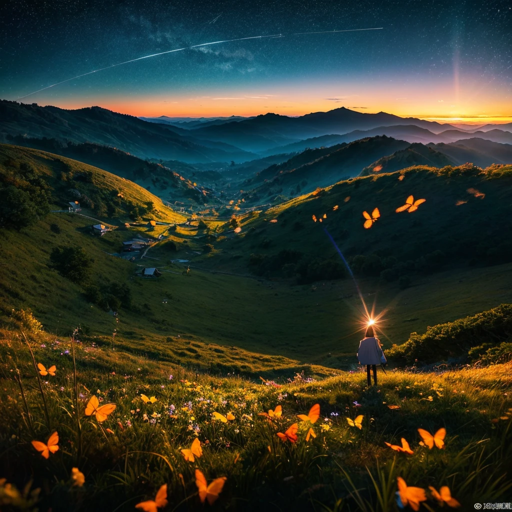 anime style, perspective on a mountain at night, the sky is rich with sparkling stars, midnight atmosphere, lots of butterflies