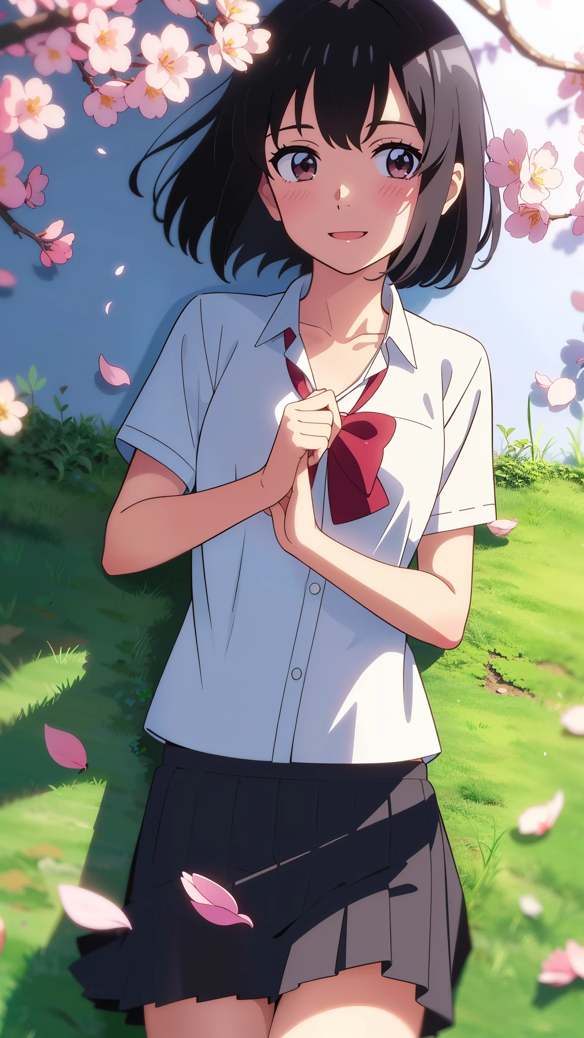 shinkai makoto, kimi no na wa., 1girl, bangs, black hair, blush, round eyes, bright eyes, brown eyes, red headband, red bow, red ribbon, short hair, shinny hair, smile, open mouth, cute, beautiful, shiny skin, looking at the viewer, solo, collarbone, school uniform, white shirt, short sleeves, black pleated skirt, cherry_blossoms, falling_petals, petals, branch, pink_flower, spring_season, perfect hands, holding_flower, wind, lying, lying on flower field, flower field